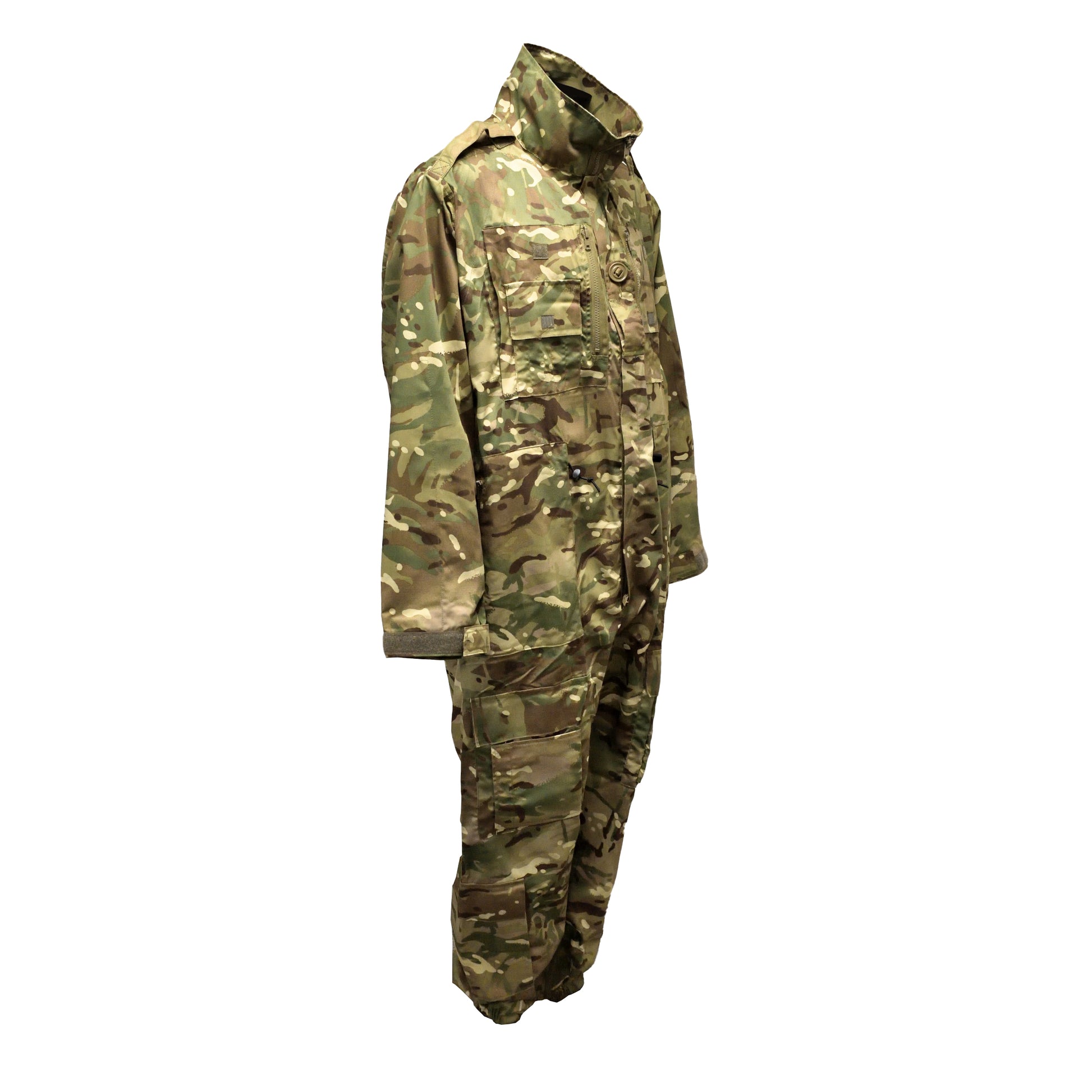 Right-angled front view of British Army AFV Crewman Exercise Coverall MTP highlighting fit and design.