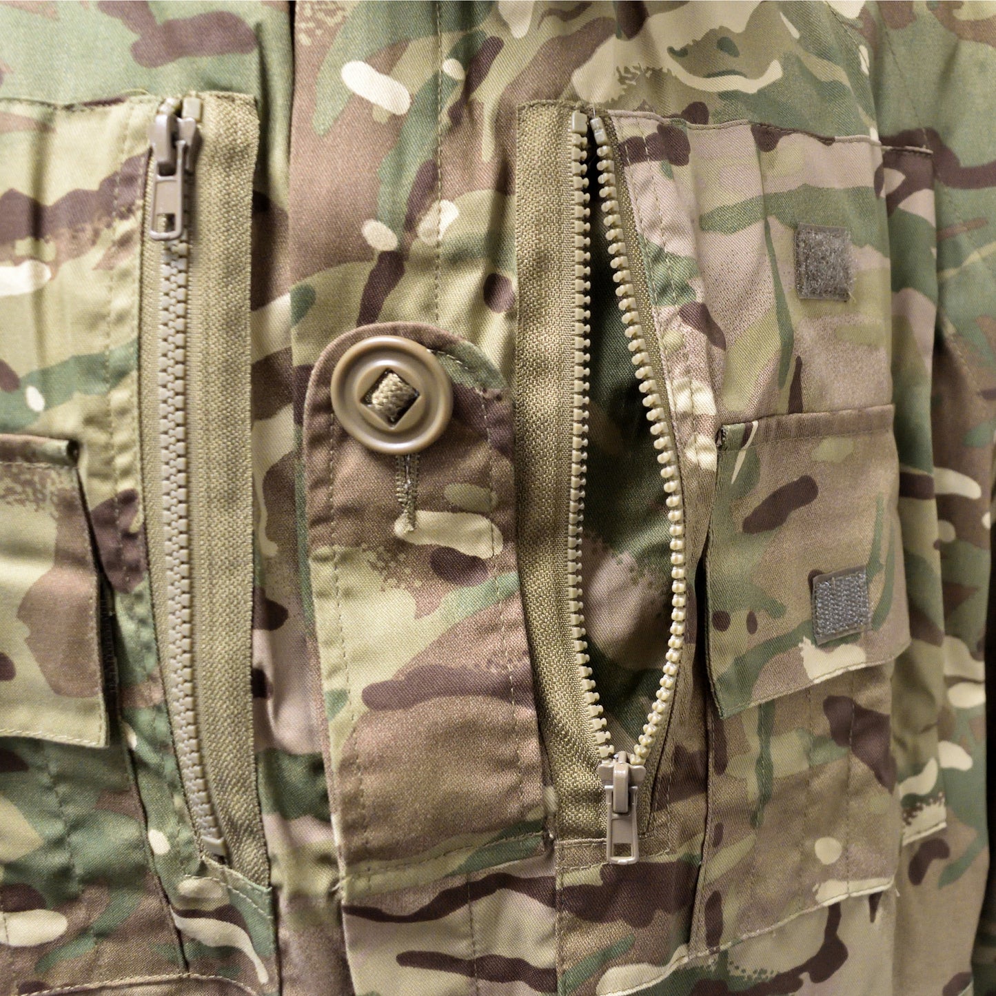 Close-up of chest pocket and stitching on British Army AFV Crewman Exercise Coverall MTP.