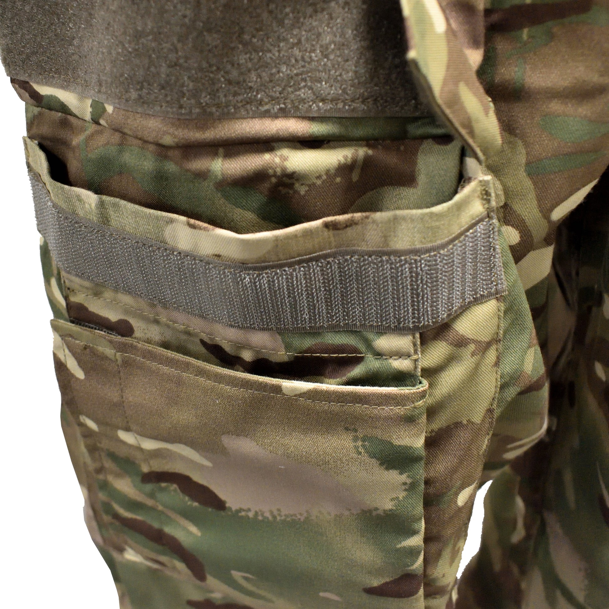 Detailed shot of pocket and reinforced stitching on British Army AFV Crewman Exercise Coverall MTP.