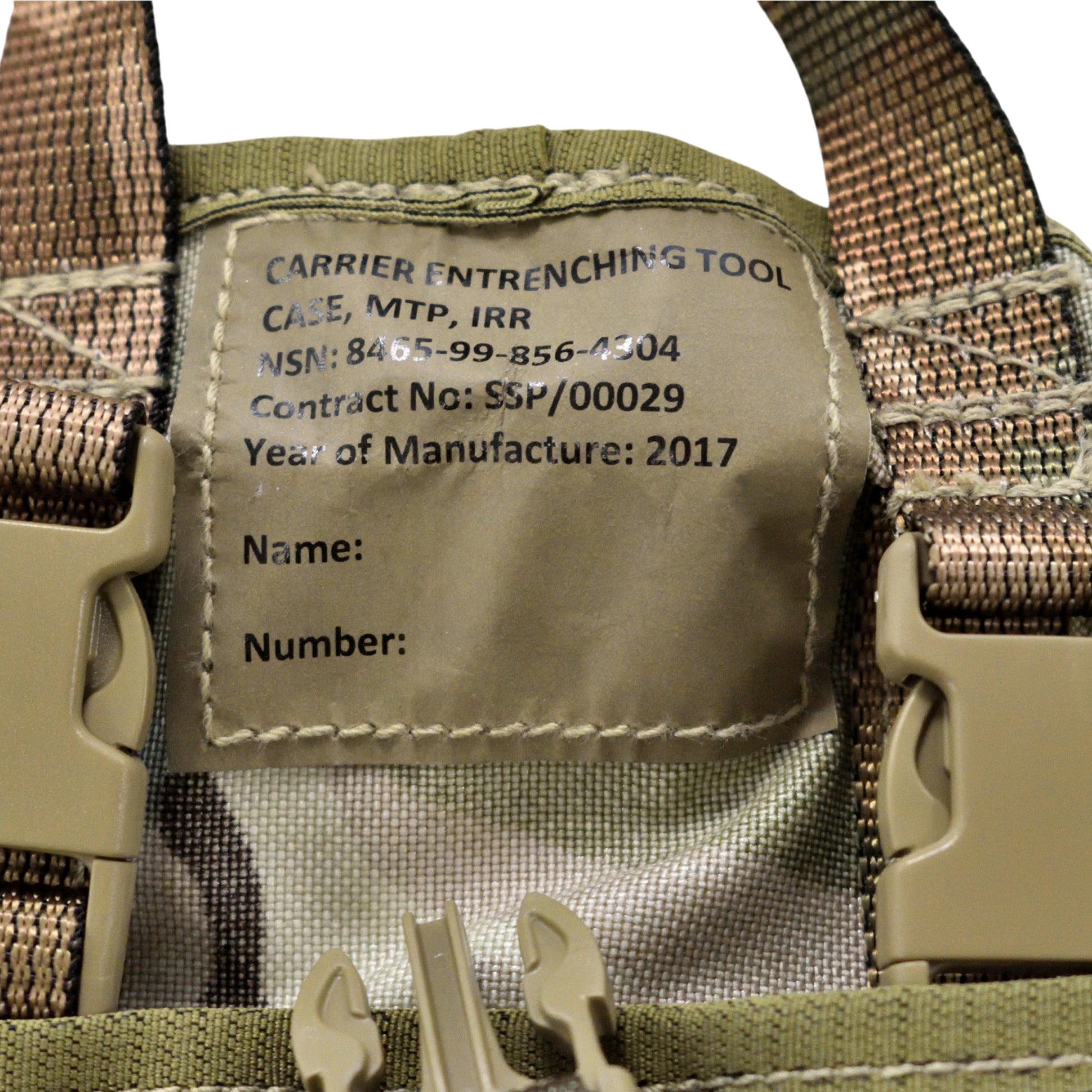 Close-up of buckle and strap fastening on British Army Entrenching Tool Carrier Case MTP IRR.