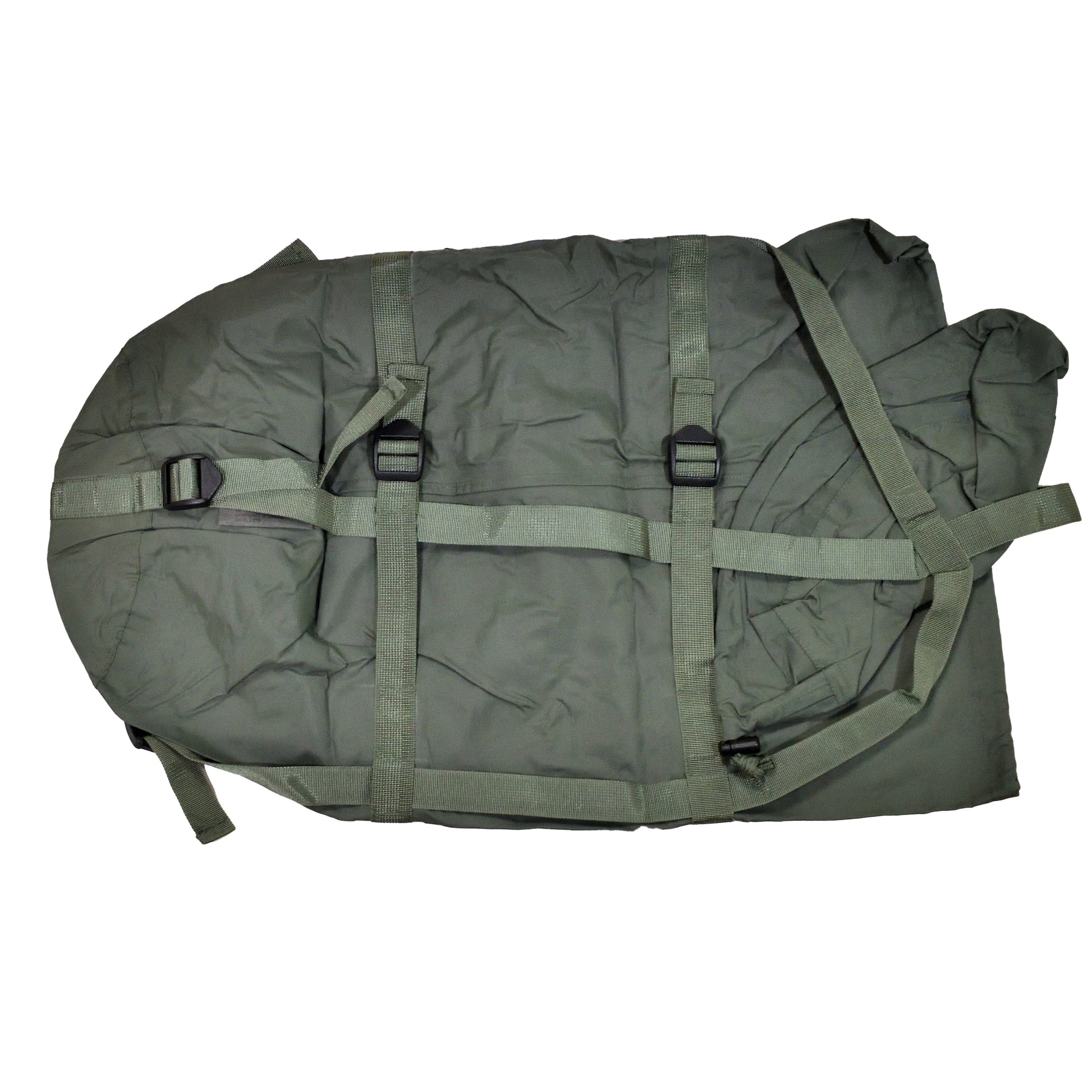 Front view of British Army Fesca Compression Sack for Medium Weight Sleeping Bag, olive green.