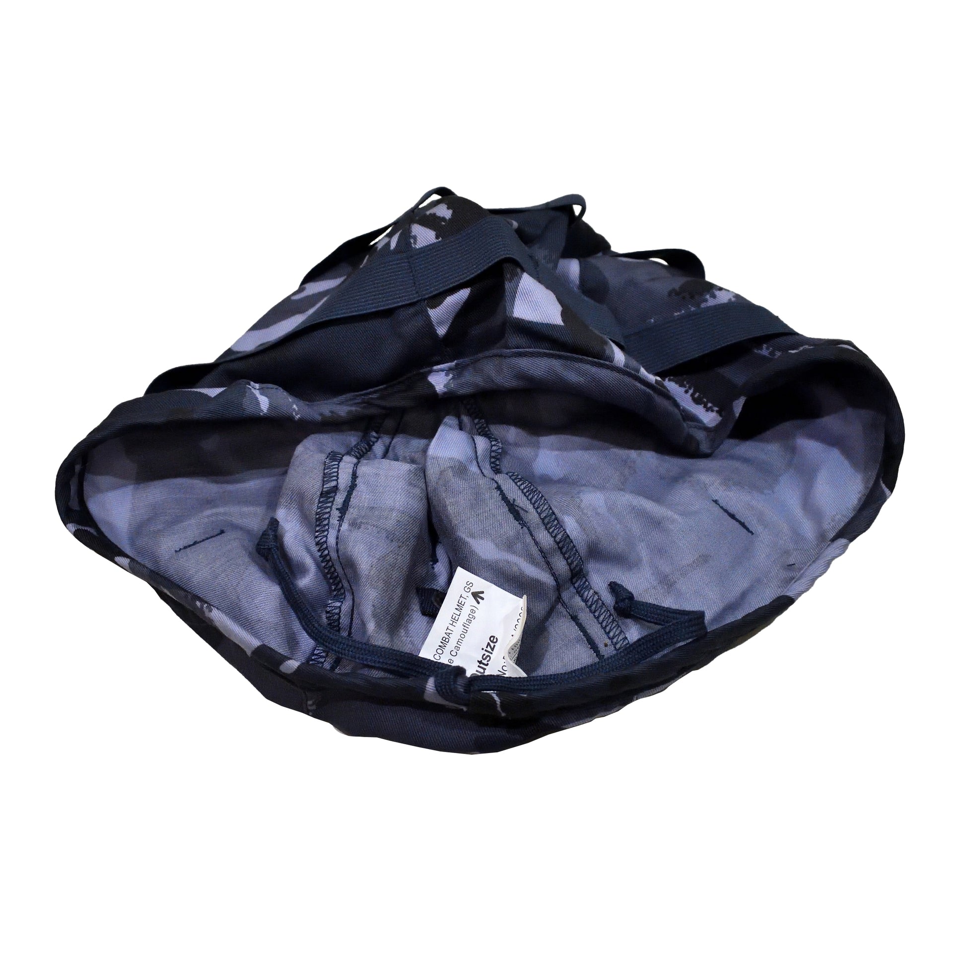 Top-down view of British Army GS MK7 Helmet Cover Blue Camo with reinforced seams.