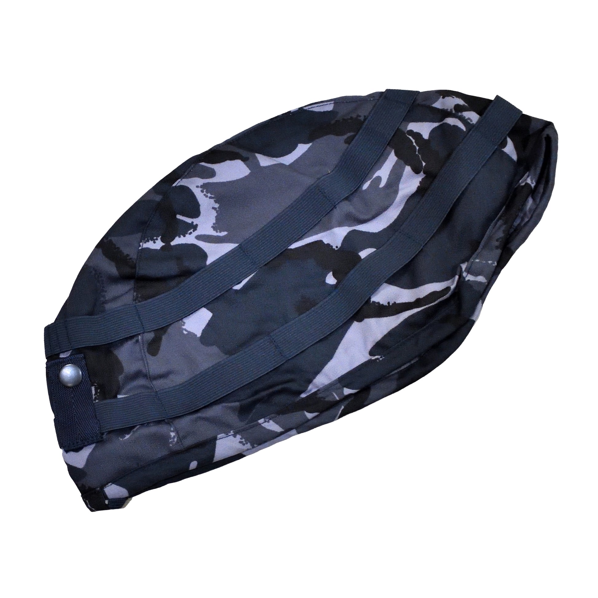 Angled view of British Army GS MK7 Combat Helmet Cover in blue camo.