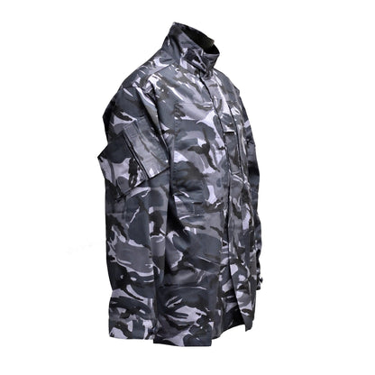 Right-angled front view of British Army Temperate Combat Jacket "2" Blue Camo with zip and button details.