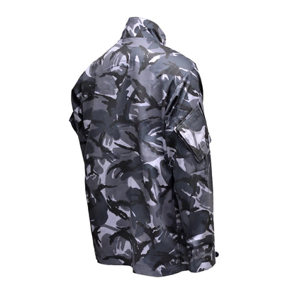 Right-angled rear shot of British Army Combat Jacket "2" Blue Camo highlighting shoulder cut.