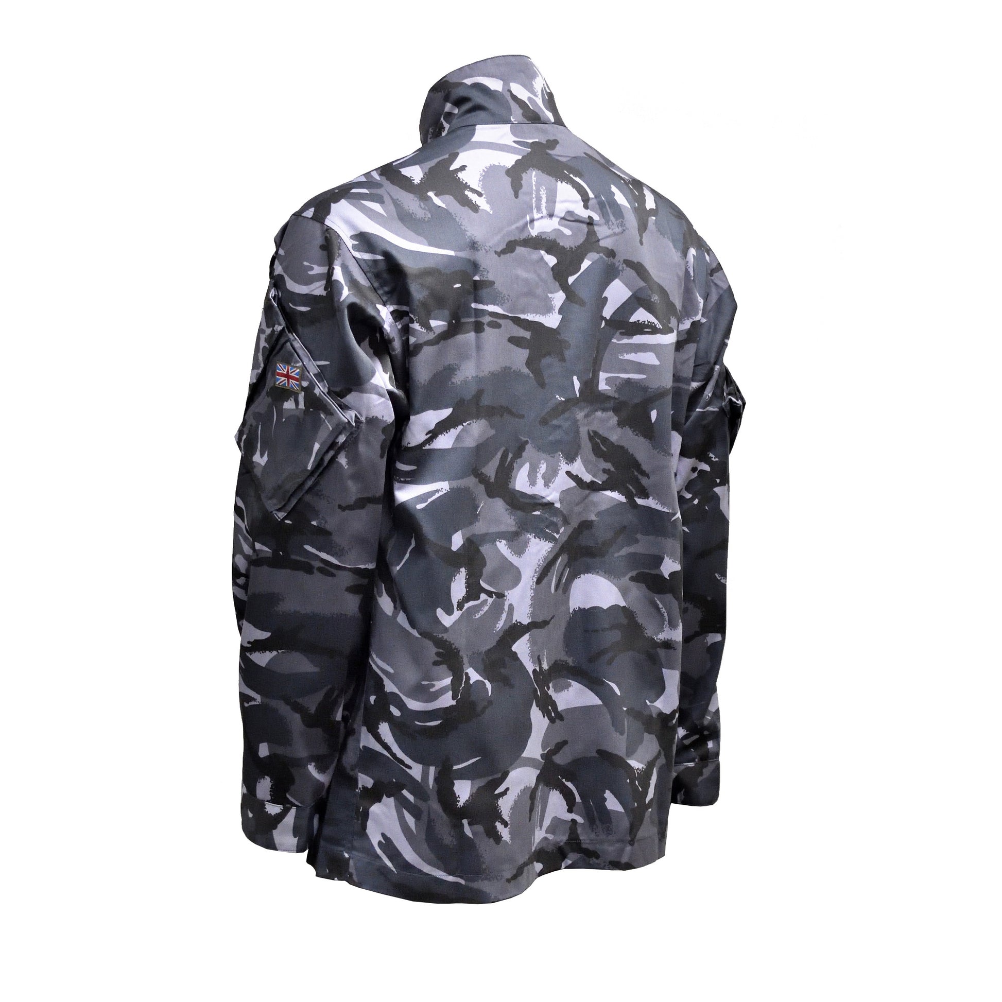 Left-angled rear view of British Army Temperate Weather Combat Jacket "2" Blue Camo showing back fit.