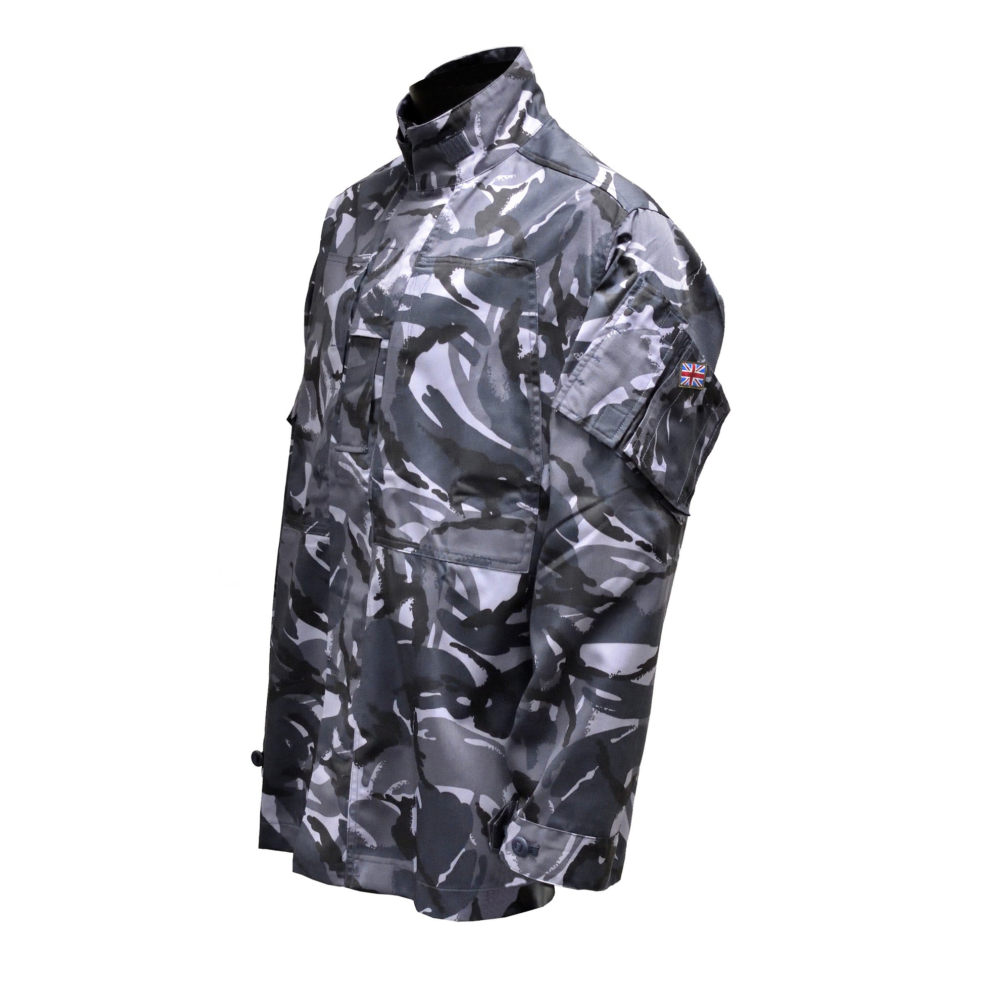 Left-angled front shot of British Army Combat Jacket "2" Blue Camo showing chest pockets.