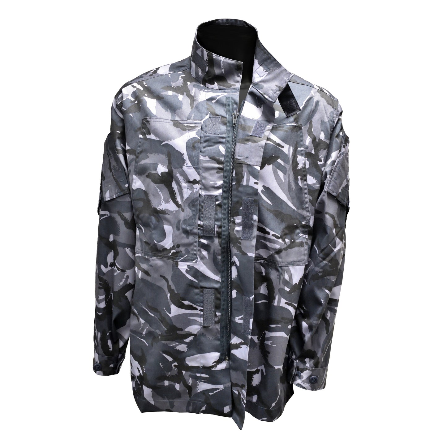 Front view of British Army Temperate Weather Combat Jacket "2" in blue camo pattern showing unfastened zip closure flap.
