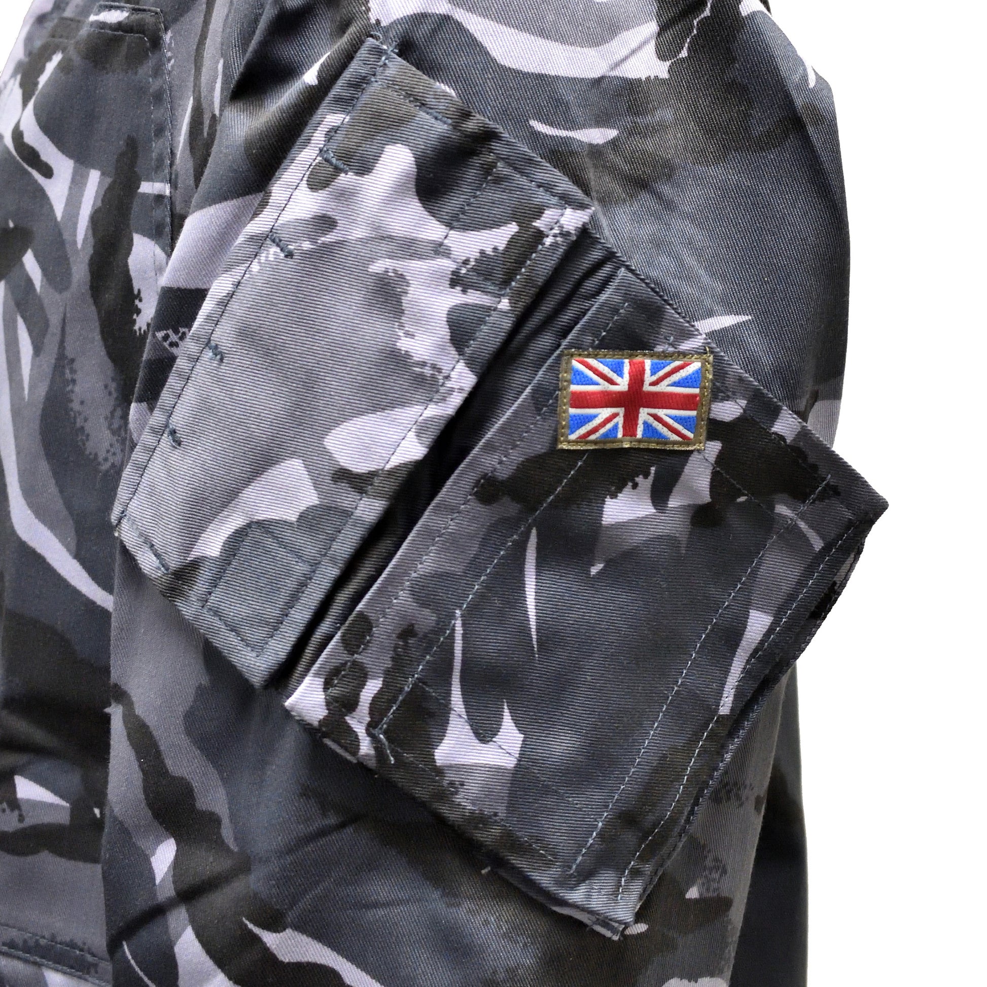 Close-up of Union Jack flag patch on sleeve of British Army Combat Jacket "2" Blue Camo.