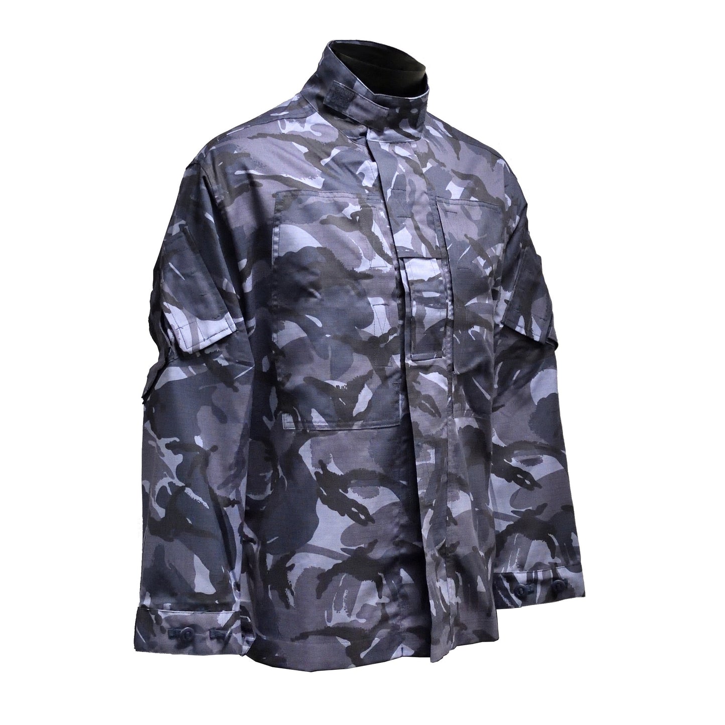 Right-angled front view of British Army Insect Repellent Treated Combat Jacket Blue Camo highlighting fit and design.