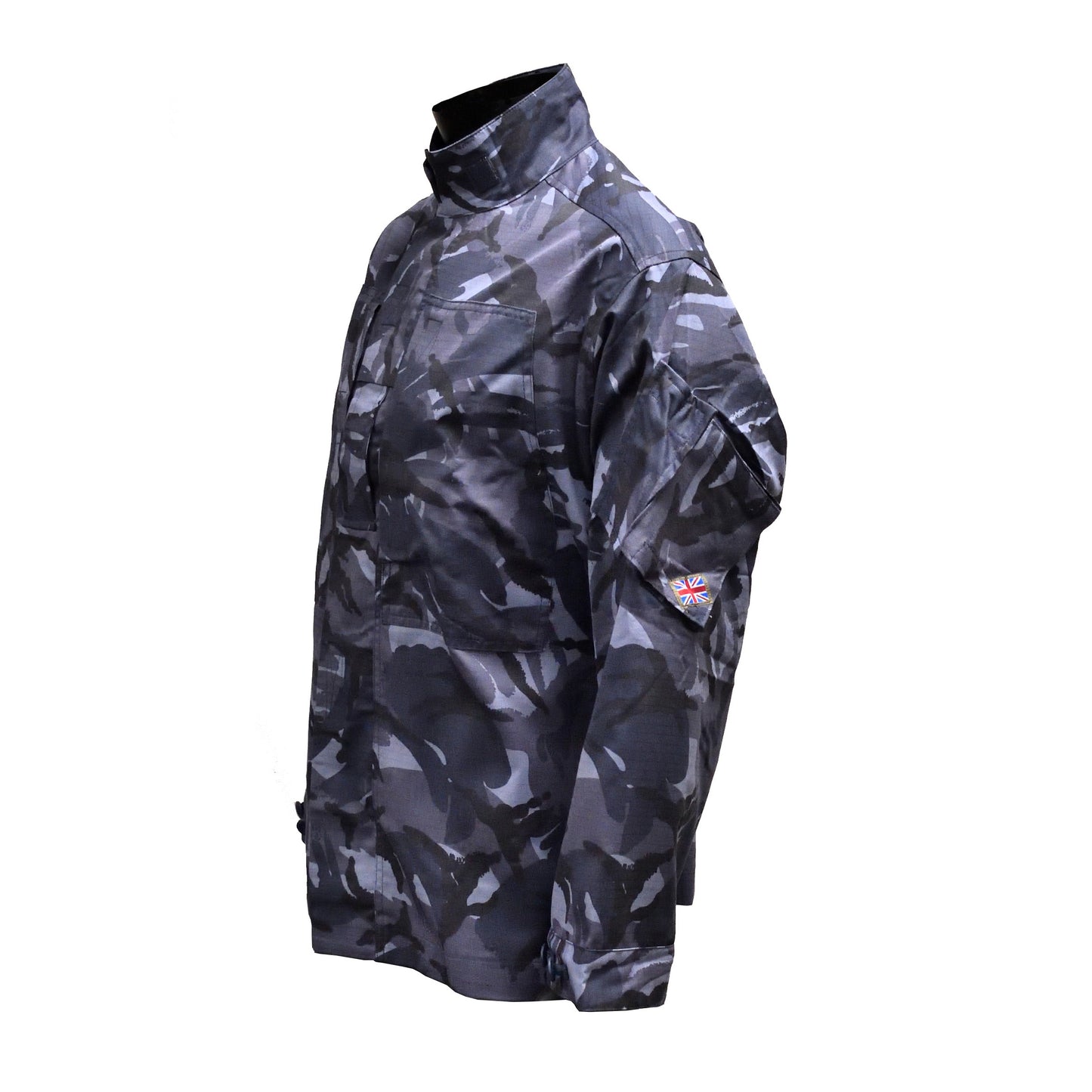 Left-angled front shot of British Army Insect Repellent Treated Combat Jacket Blue Camo showing zip and pockets.