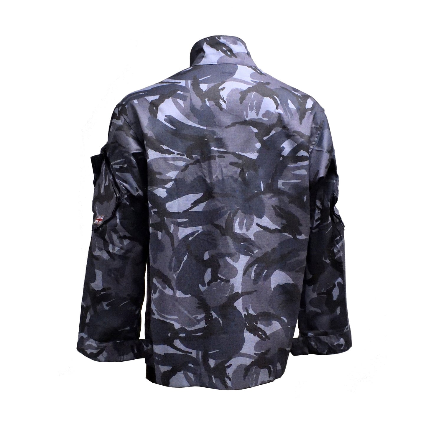 Rear view of British Army Insect Repellent Treated Combat Jacket Blue Camo showing full length and cut.