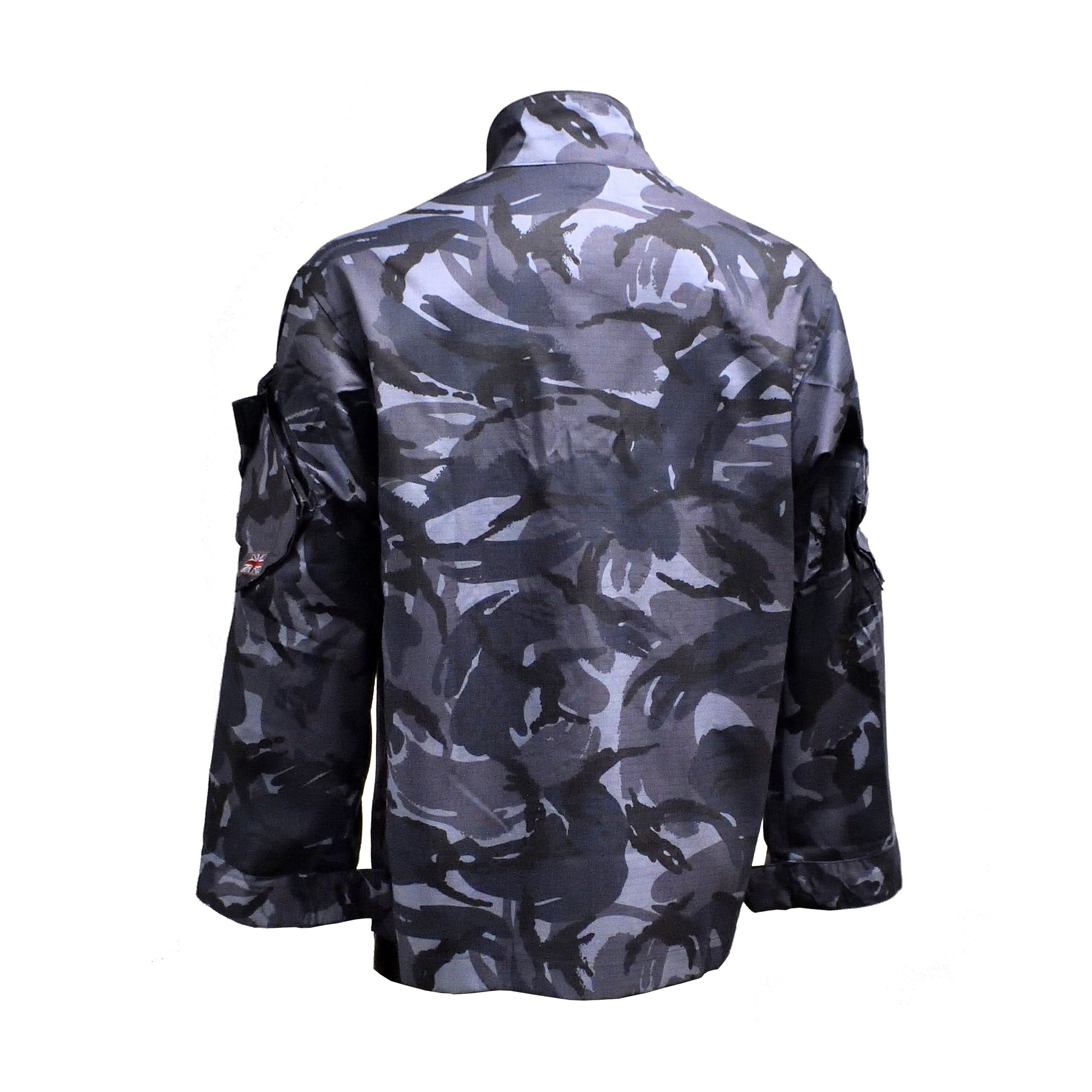 Rear view of British Army Insect Repellent Treated Combat Jacket Blue Camo showing full length and cut.