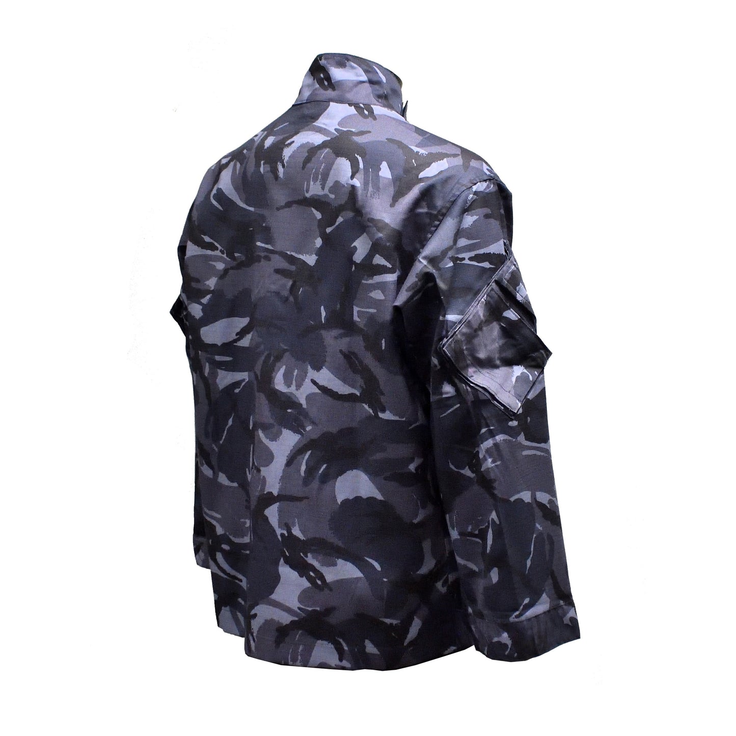 Right-angled rear shot of British Army Insect Repellent Treated Combat Jacket Blue Camo with reinforced elbows.