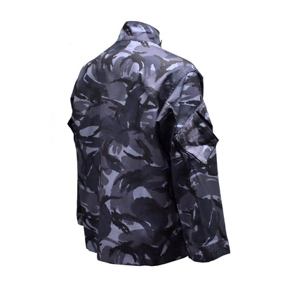 Right-angled rear shot of British Army Insect Repellent Treated Combat Jacket Blue Camo with reinforced elbows.