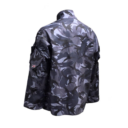 Left-angled rear view of British Army Insect Repellent Treated Combat Jacket Blue Camo showing back panel.
