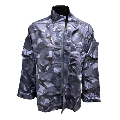 Front view of British Army Insect Repellent Treated Combat Jacket in Blue Camo with neck closure open.