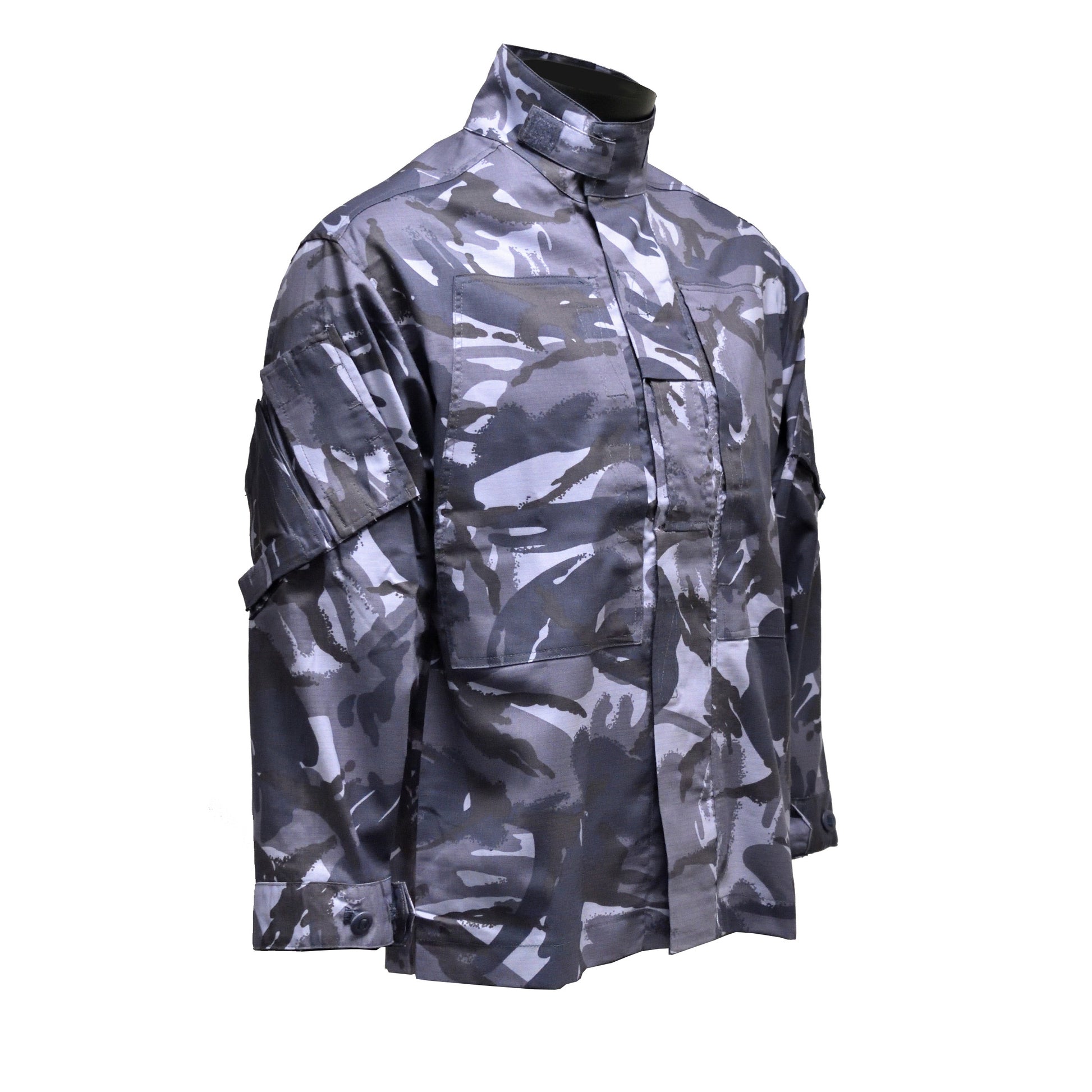 Right-angled front view of British Army Combat Jacket Blue Camo highlighting fit and design.
