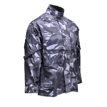 Right-angled front view of British Army Combat Jacket Blue Camo highlighting fit and design.