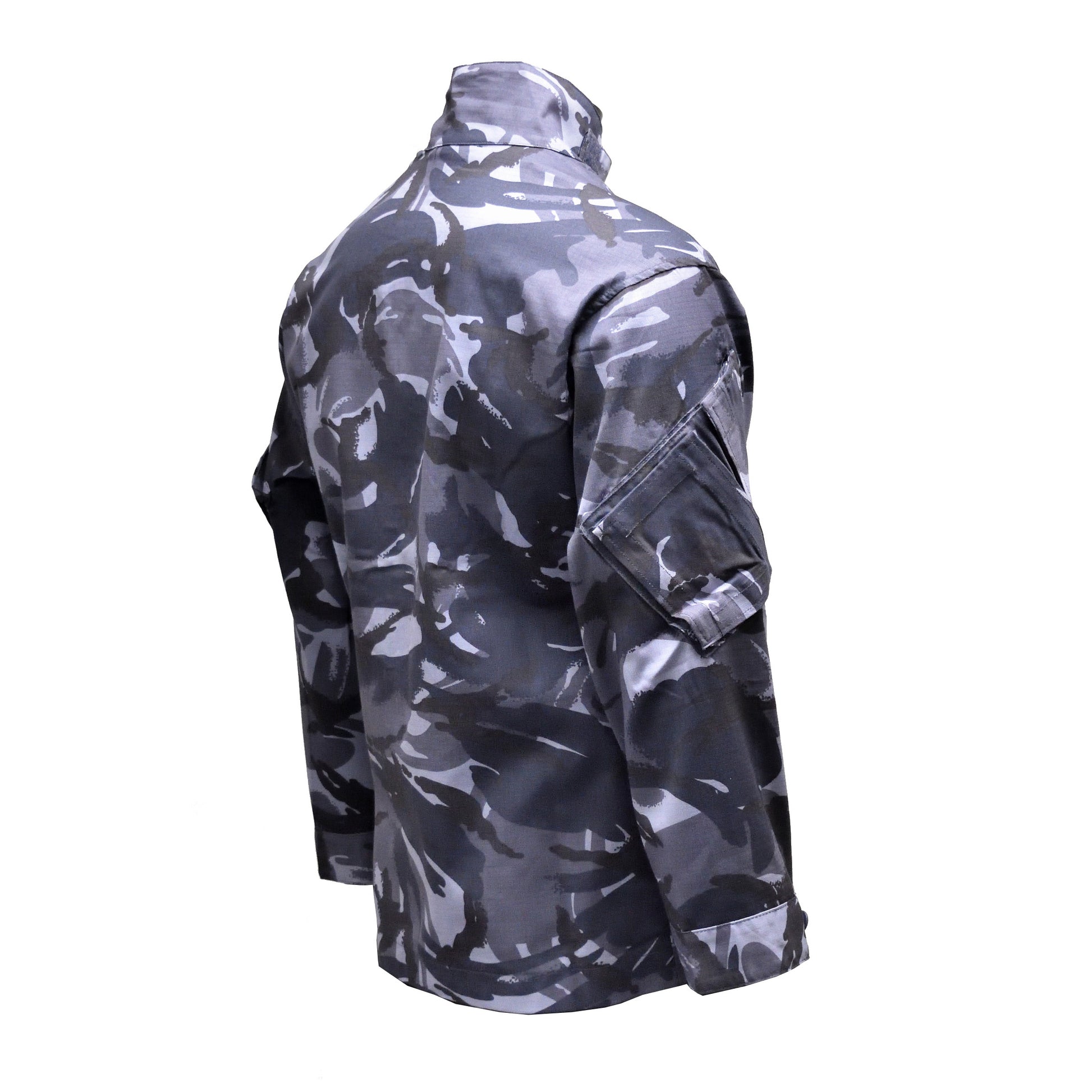 Right-angled rear shot of British Army Combat Jacket Blue Camo with reinforced elbows.