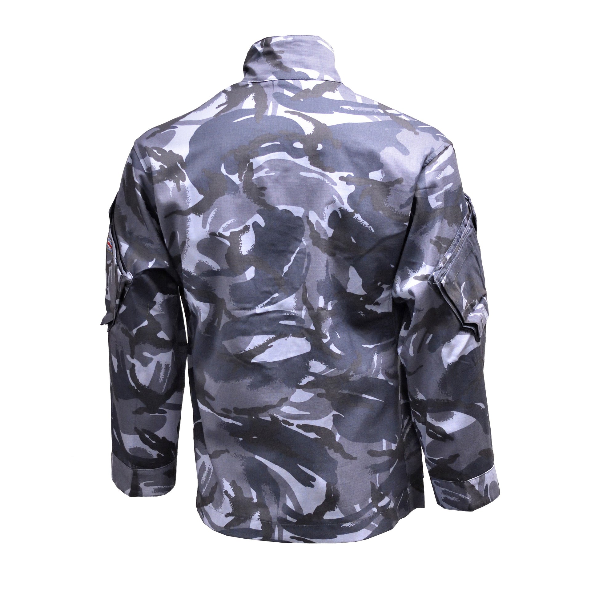 Rear view of British Army Combat Jacket Blue Camo showing full length and cut.