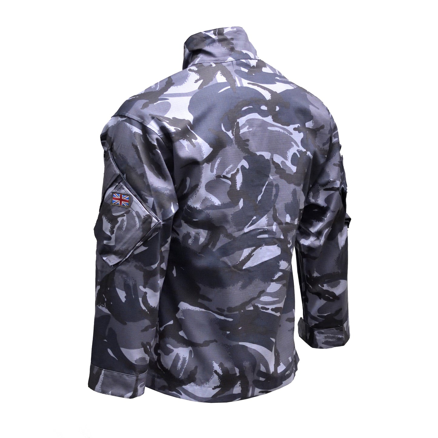 Left-angled rear view of British Army Combat Jacket Blue Camo showing back panel.