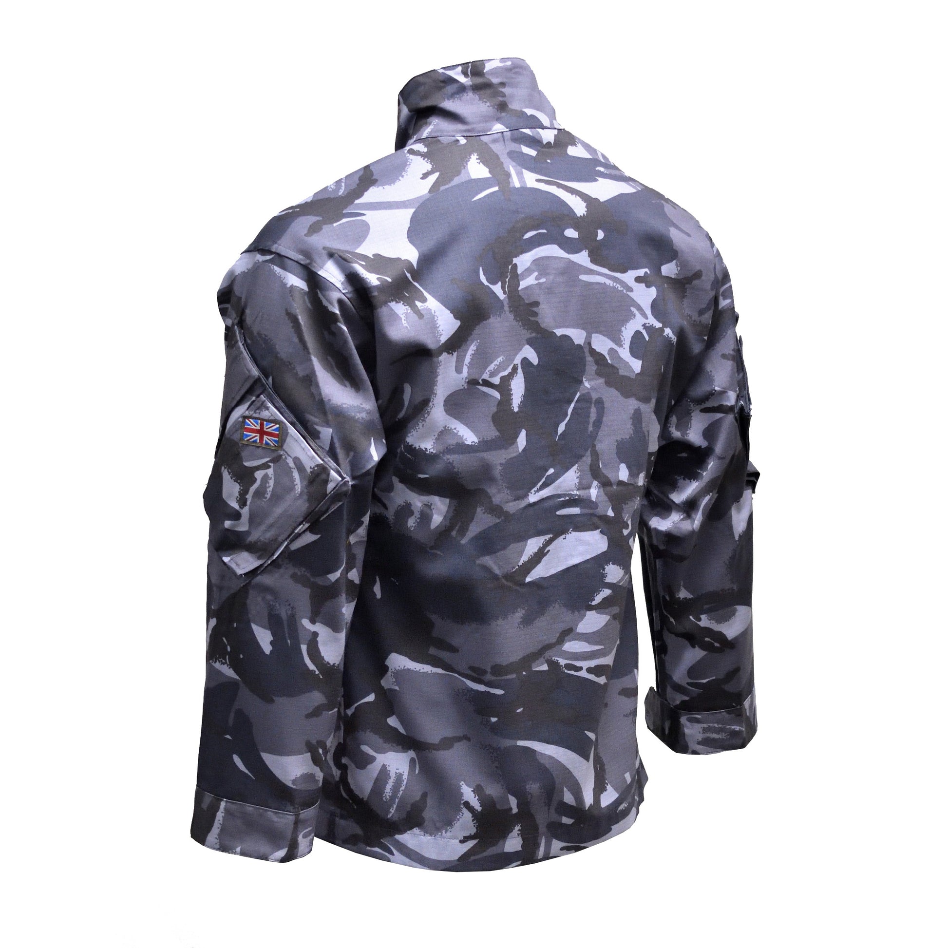 Left-angled rear view of British Army Combat Jacket Blue Camo showing back panel.
