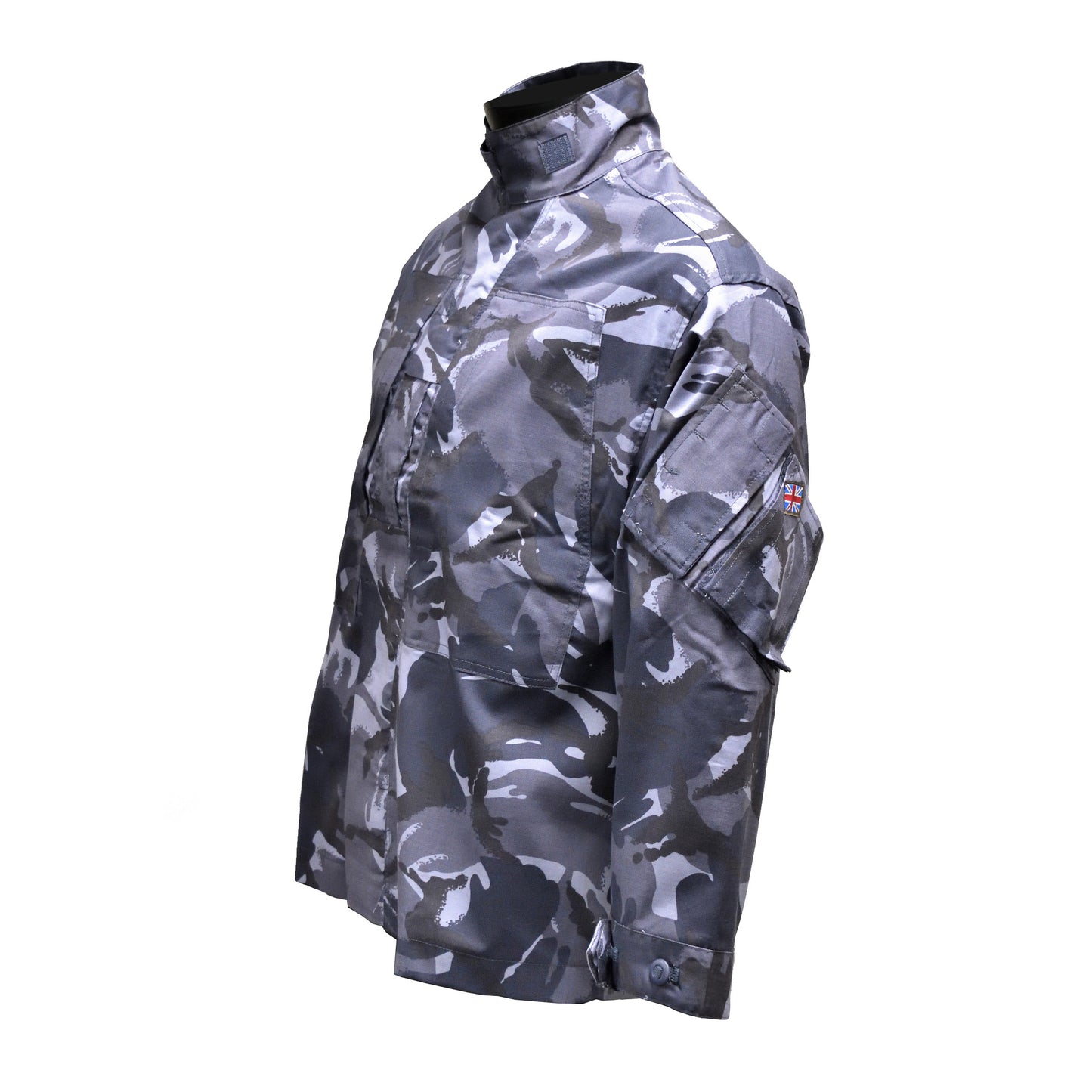 Left-angled front shot of British Army Combat Jacket Blue Camo showing zip and pockets.