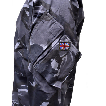 Close-up of Union Jack flag patch stitched on British Army Combat Jacket Blue Camo.