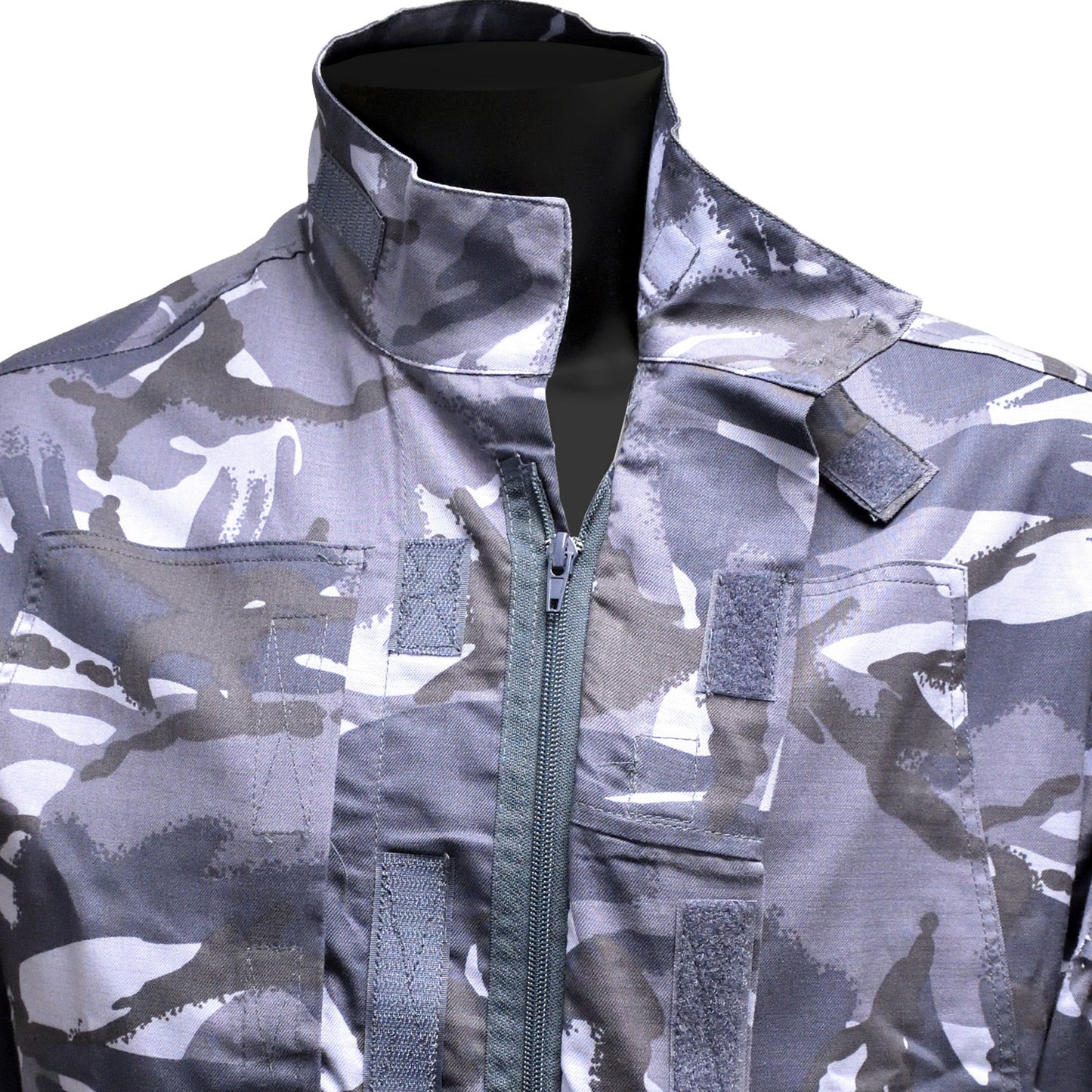 Close-up of open neck collar flap on British Army Combat Jacket Blue Camo.