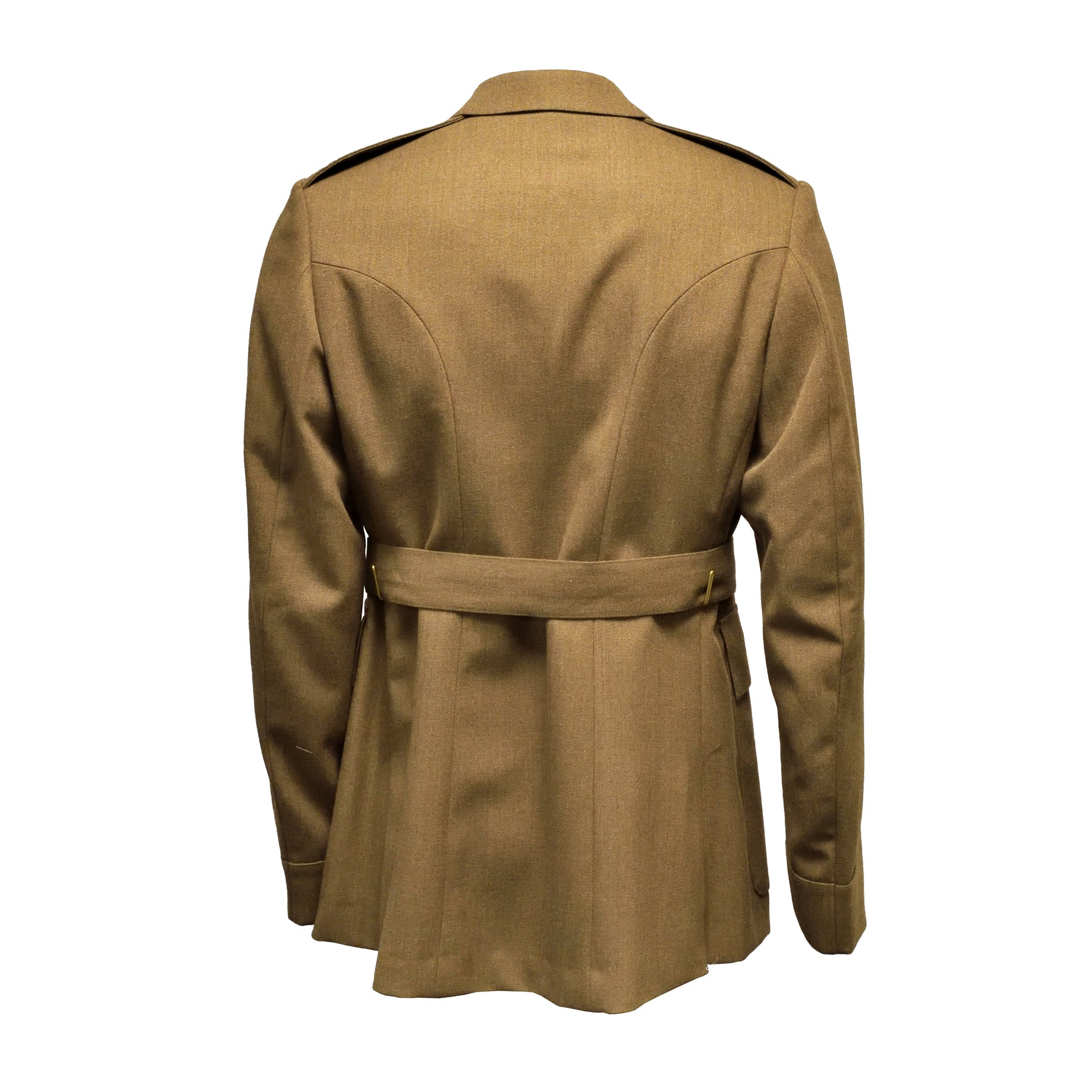 Rear view of British Army No.2 Dress Jacket with belt and cover, without buttons.