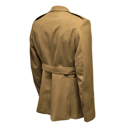 Angled rear right view of British Army No.2 Dress Jacket with belt and cover.