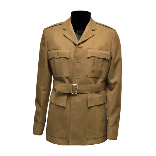 Front view of British Army Mens No.2 Dress Jacket with belt and cover, buttons not included.