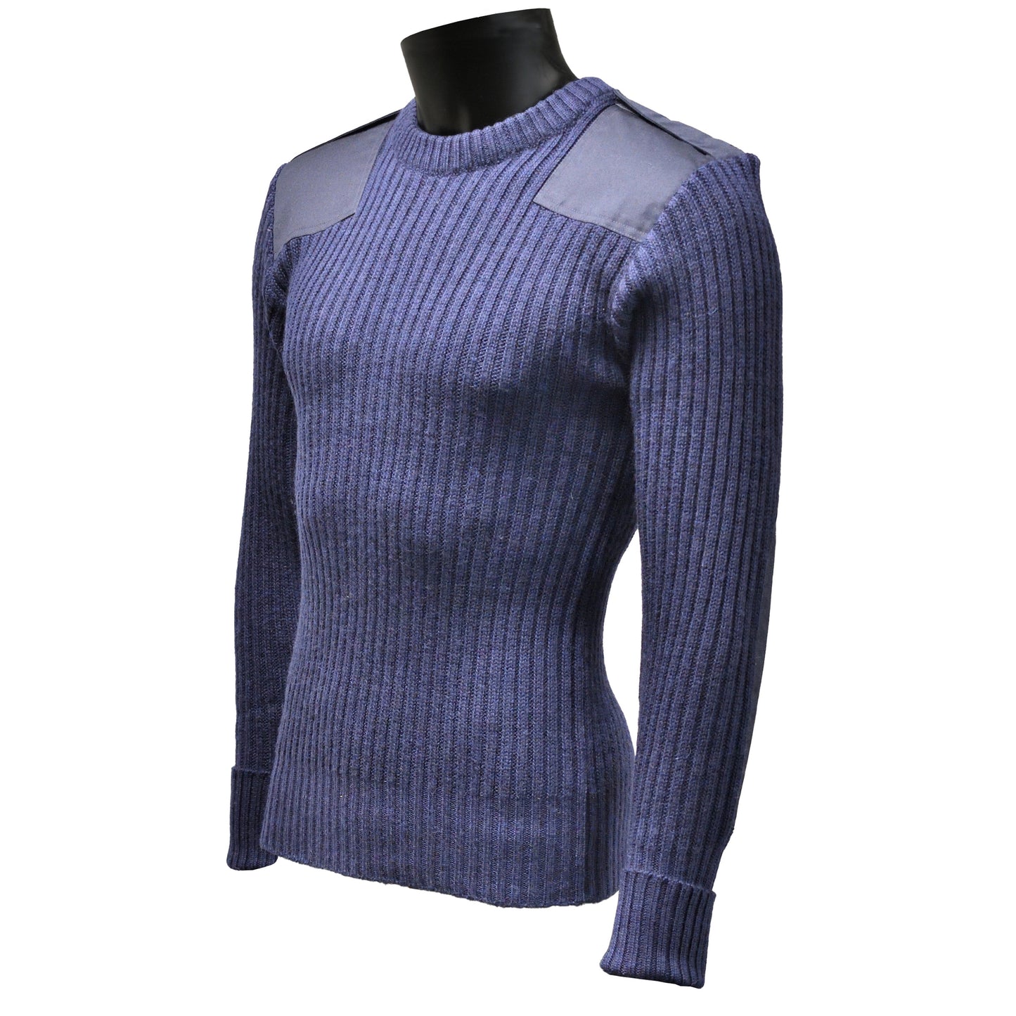 Left-angled front shot of Round Neck Utility Jumper Navy Blue showing fit and knit texture.