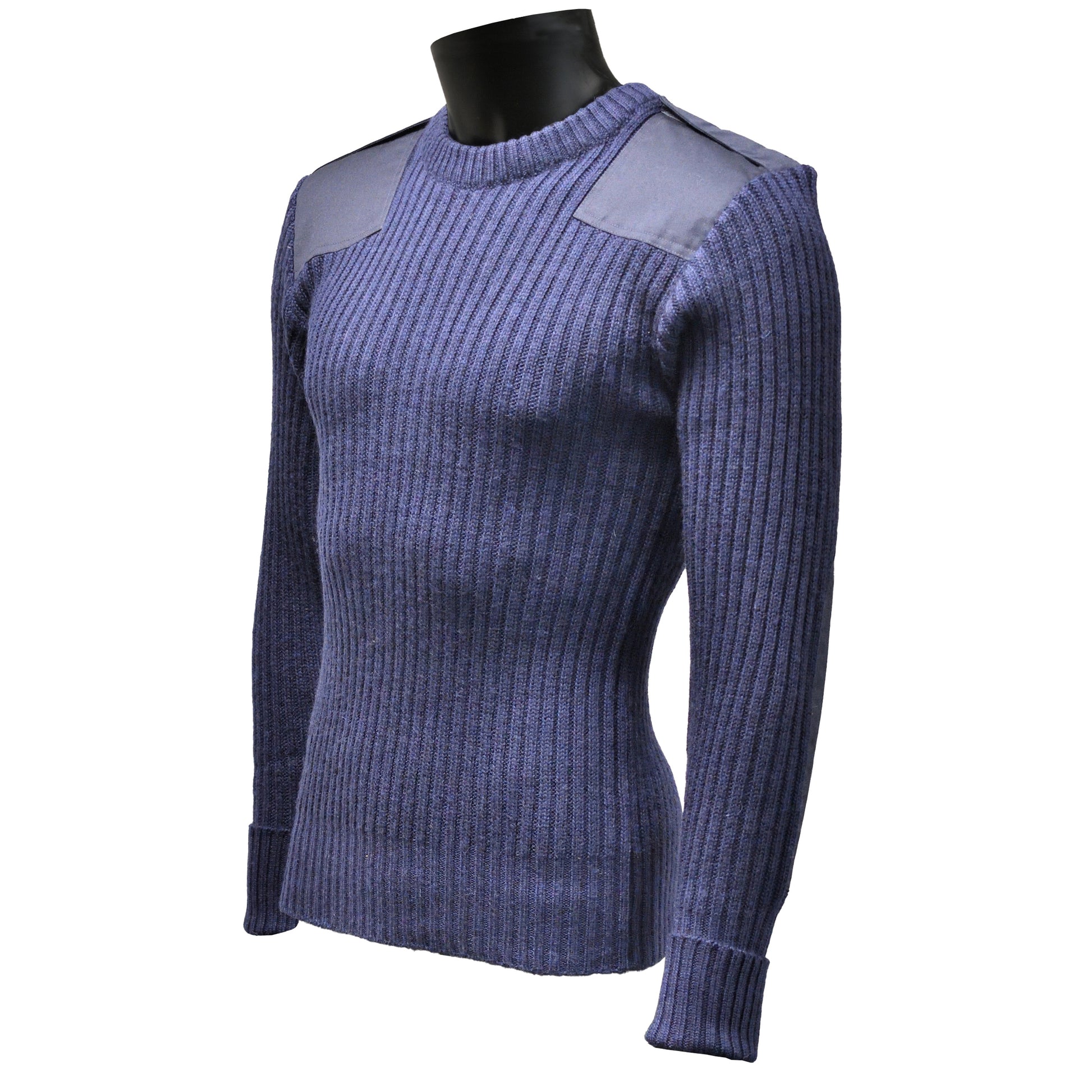 Left-angled front shot of Round Neck Utility Jumper Navy Blue showing fit and knit texture.