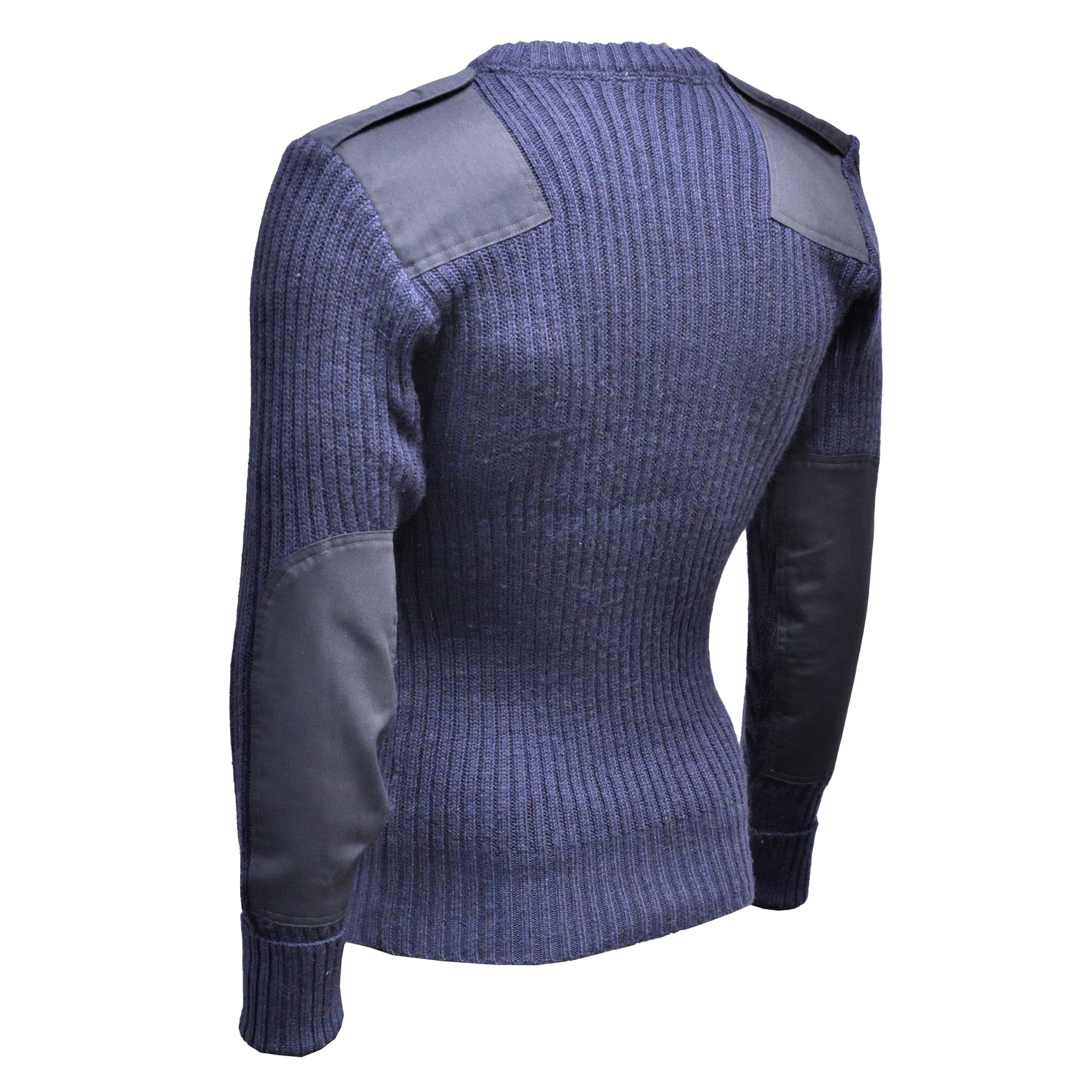 Left-angled rear view of Round Neck Utility Jumper Navy Blue showing back panel and stitching.