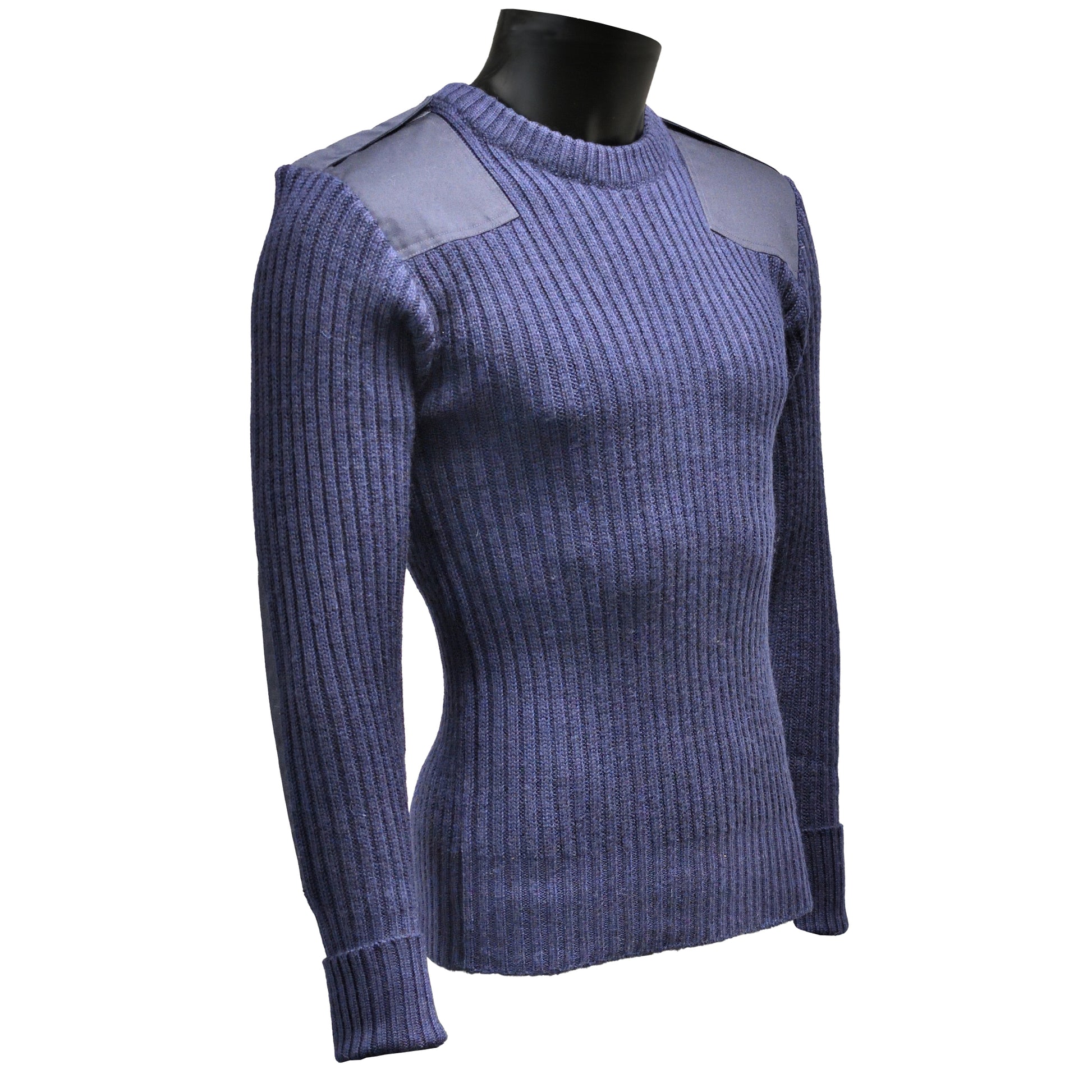Right-angled front view of Round Neck Utility Jumper Navy Blue highlighting neckline and sleeves.