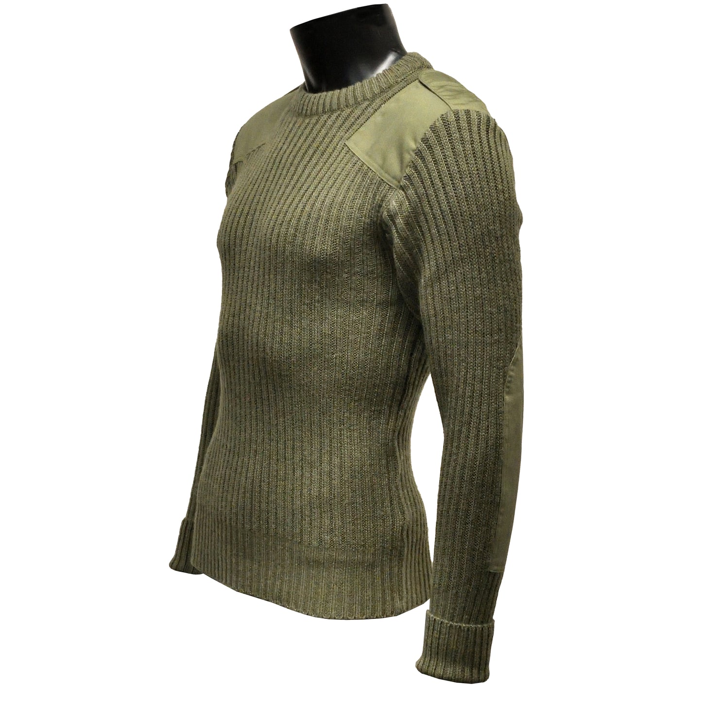 Left-angled front shot of Round Neck Utility Jumper Olive showing fit and knit texture.