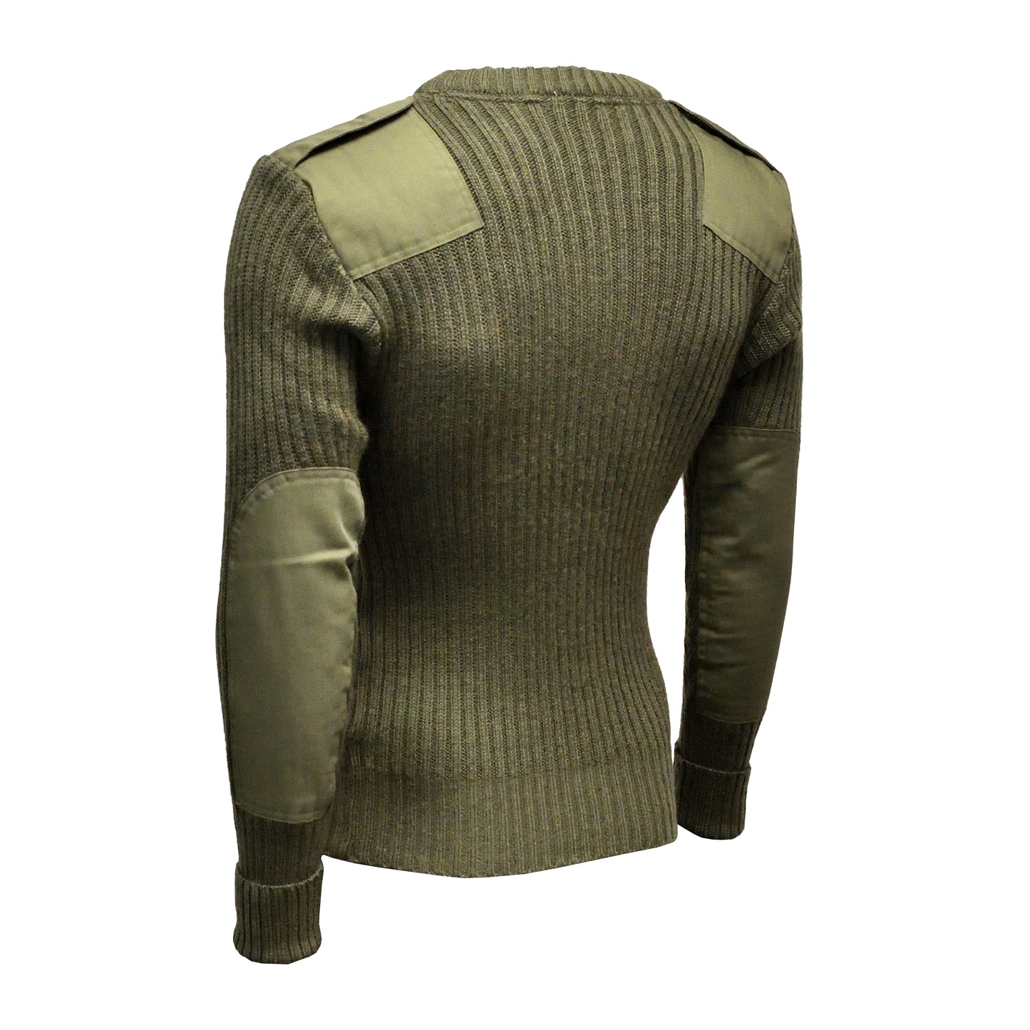 Left-angled rear view of Round Neck Utility Jumper Olive showing back panel and stitching.