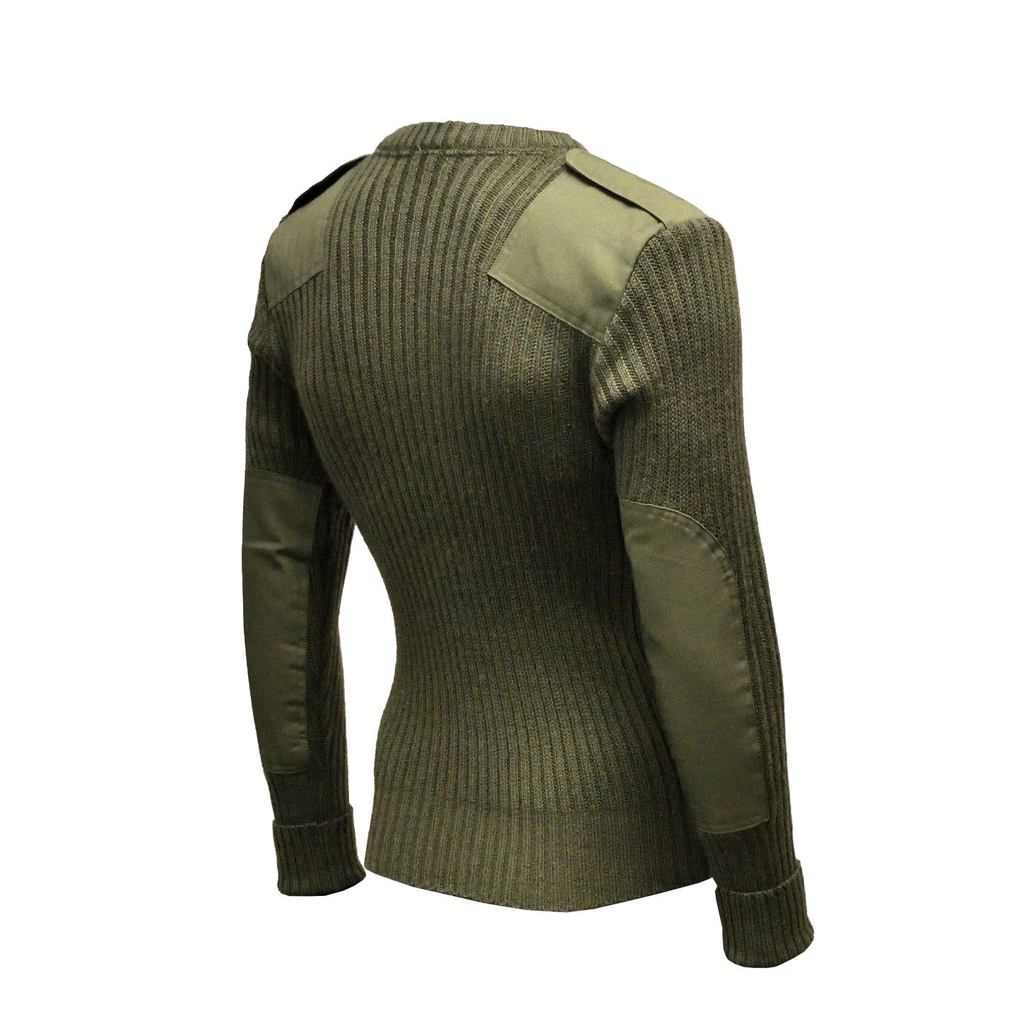 Right-angled rear shot of Round Neck Utility Jumper Olive showing overall design.