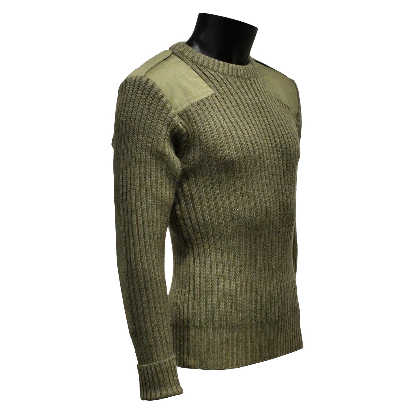Right-angled front view of Round Neck Utility Jumper Olive highlighting neckline and sleeves.