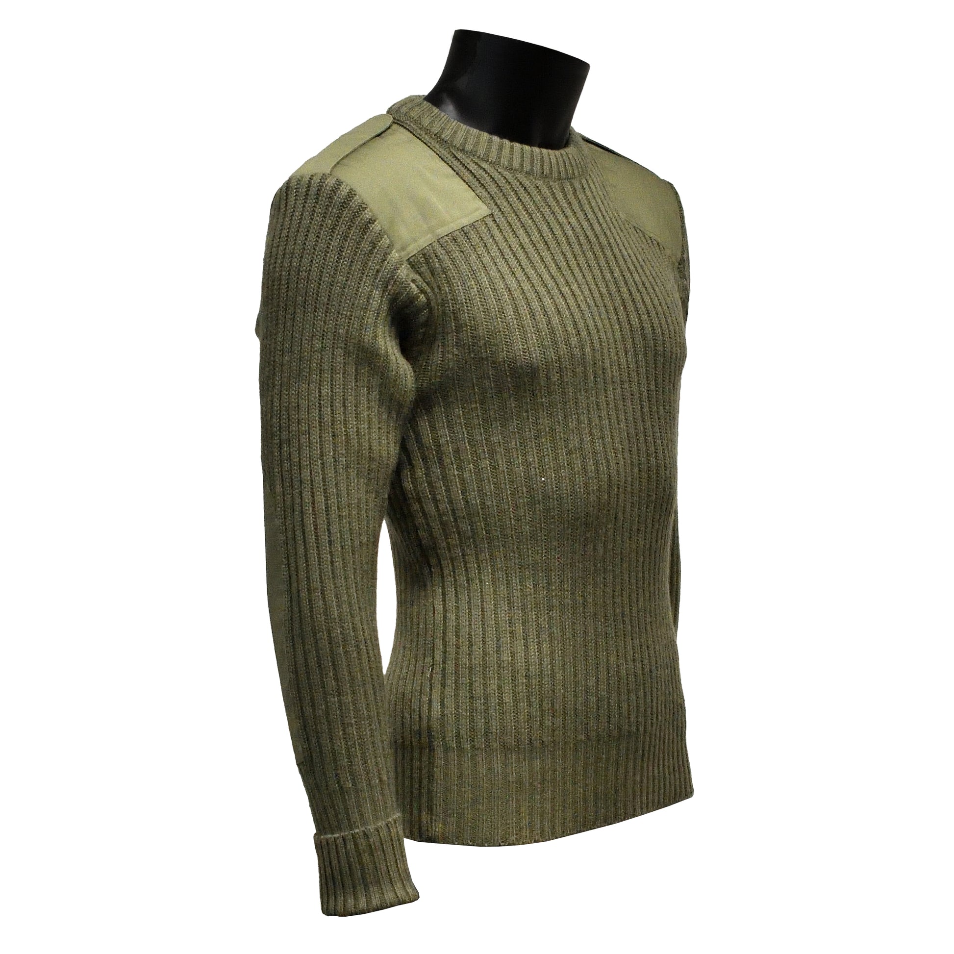 Right-angled front view of Round Neck Utility Jumper Olive highlighting neckline and sleeves.