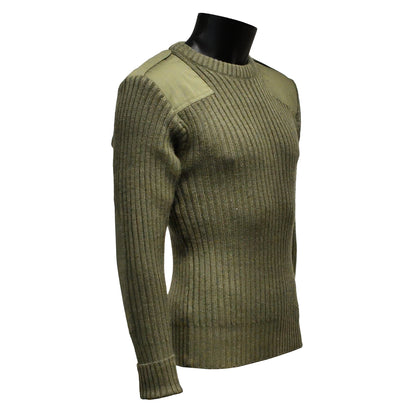 Right-angled front view of Round Neck Utility Jumper Olive highlighting neckline and sleeves.