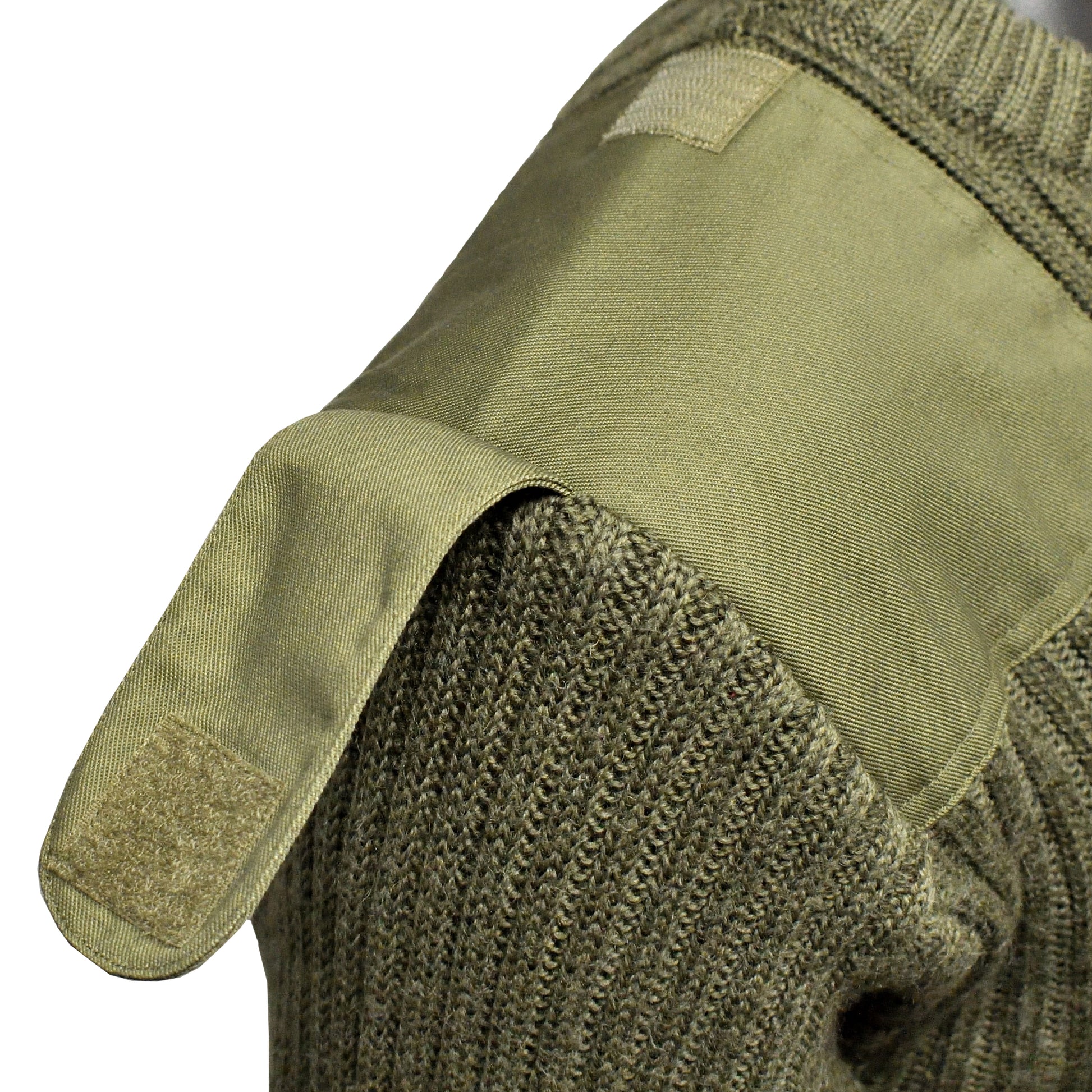 Macro image of fabric weave and knit pattern on Round Neck Utility Jumper Olive.
