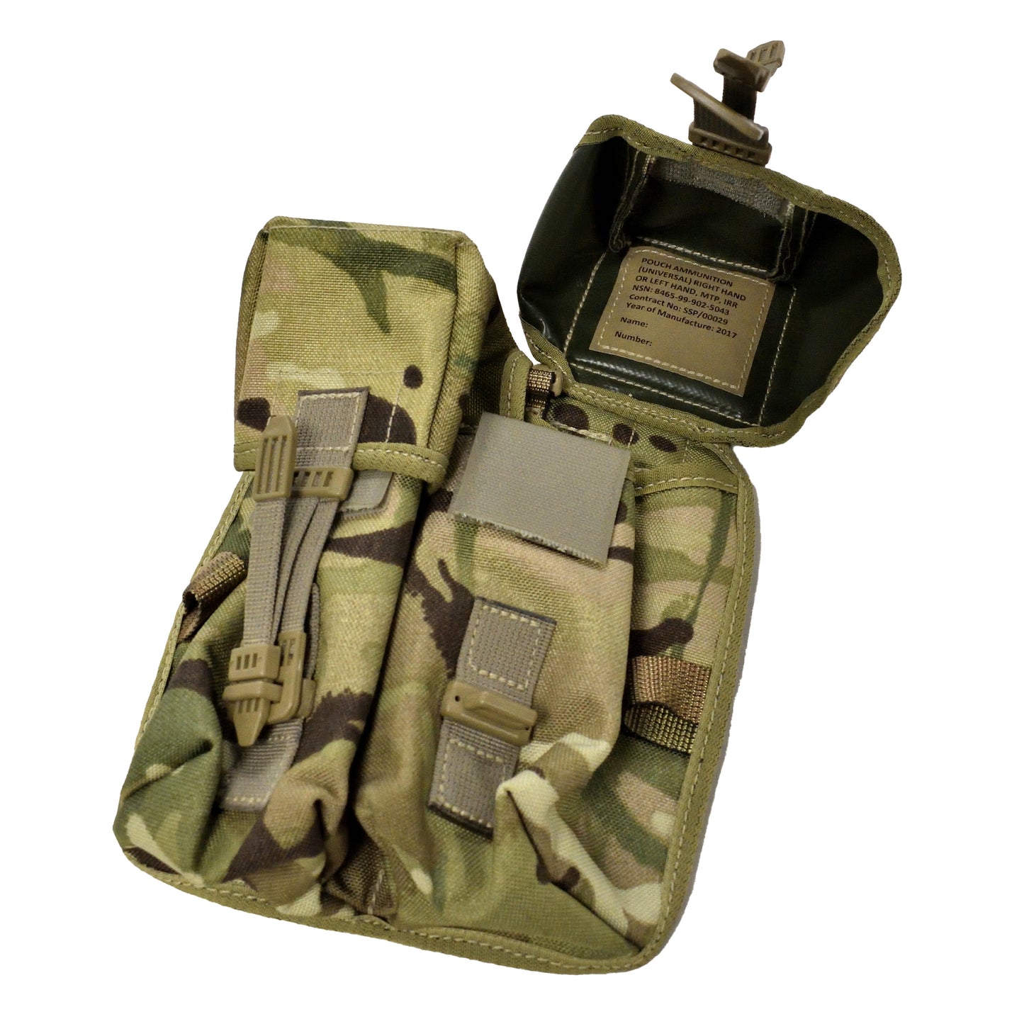 Angled view of British Army Universal Ammunition Pouch MTP IRR showing flap closure.
