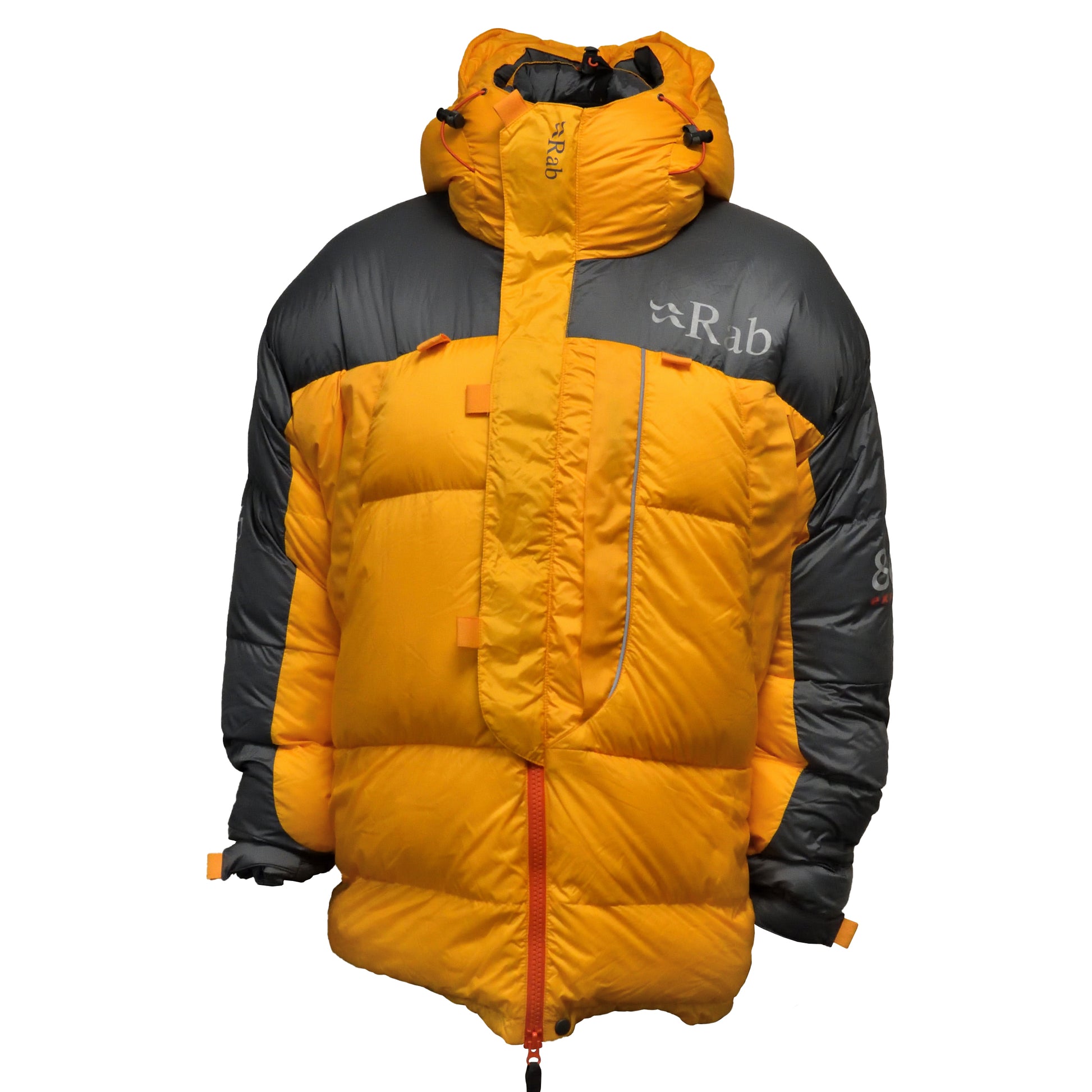 Front view of RAB Expedition 8000 Jacket in Gold and Shark Grey.