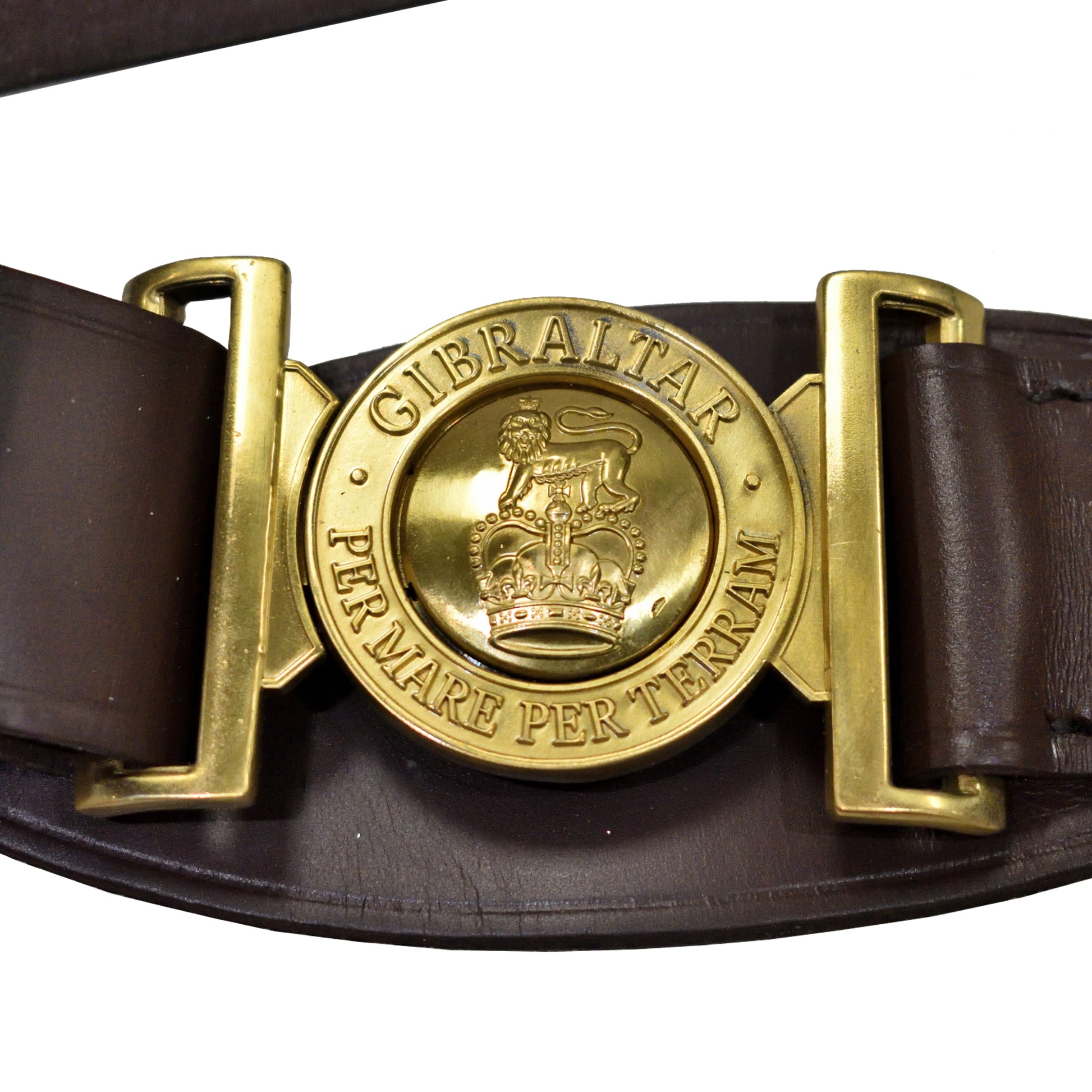 Front view of Royal Marines Sword Waist Belt Brown, featuring polished buckle.