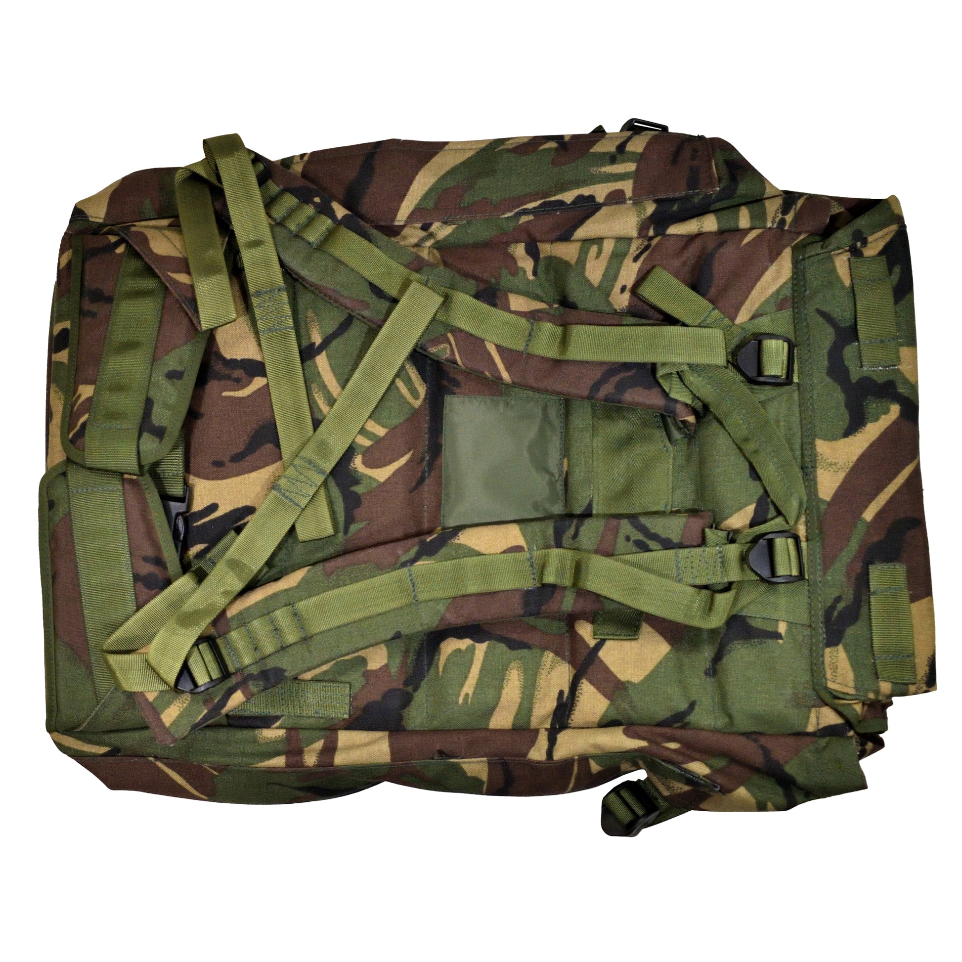 Rear view of British Army Long Convoluted Rucksack with frame in Disruptive Pattern Material IRR camouflage.