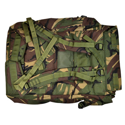 Rear view of British Army Long Convoluted Rucksack with frame in Disruptive Pattern Material IRR camouflage.