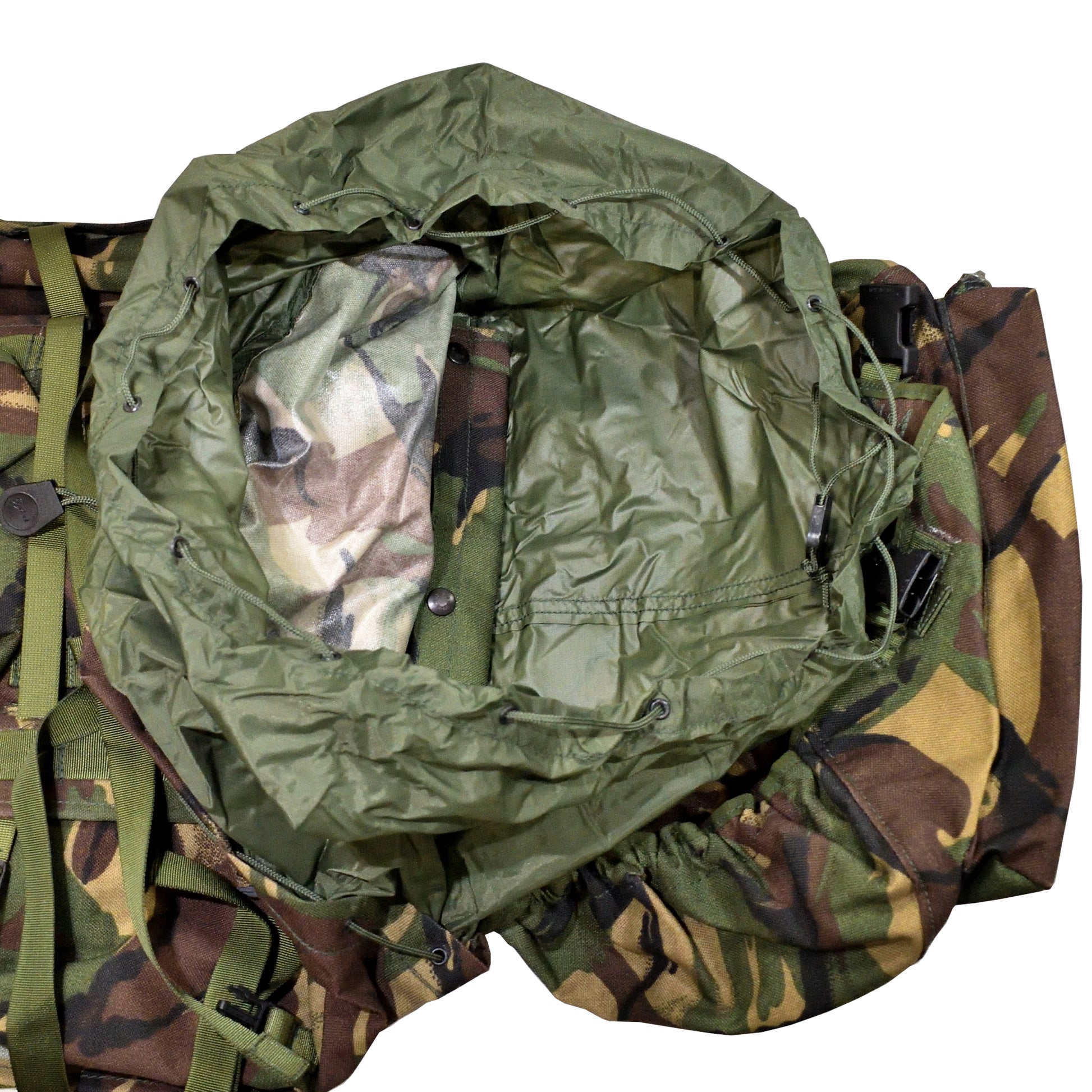 Rear view of British Army Long Convoluted Rucksack and Frame in DPM IRR camouflage showing opening.